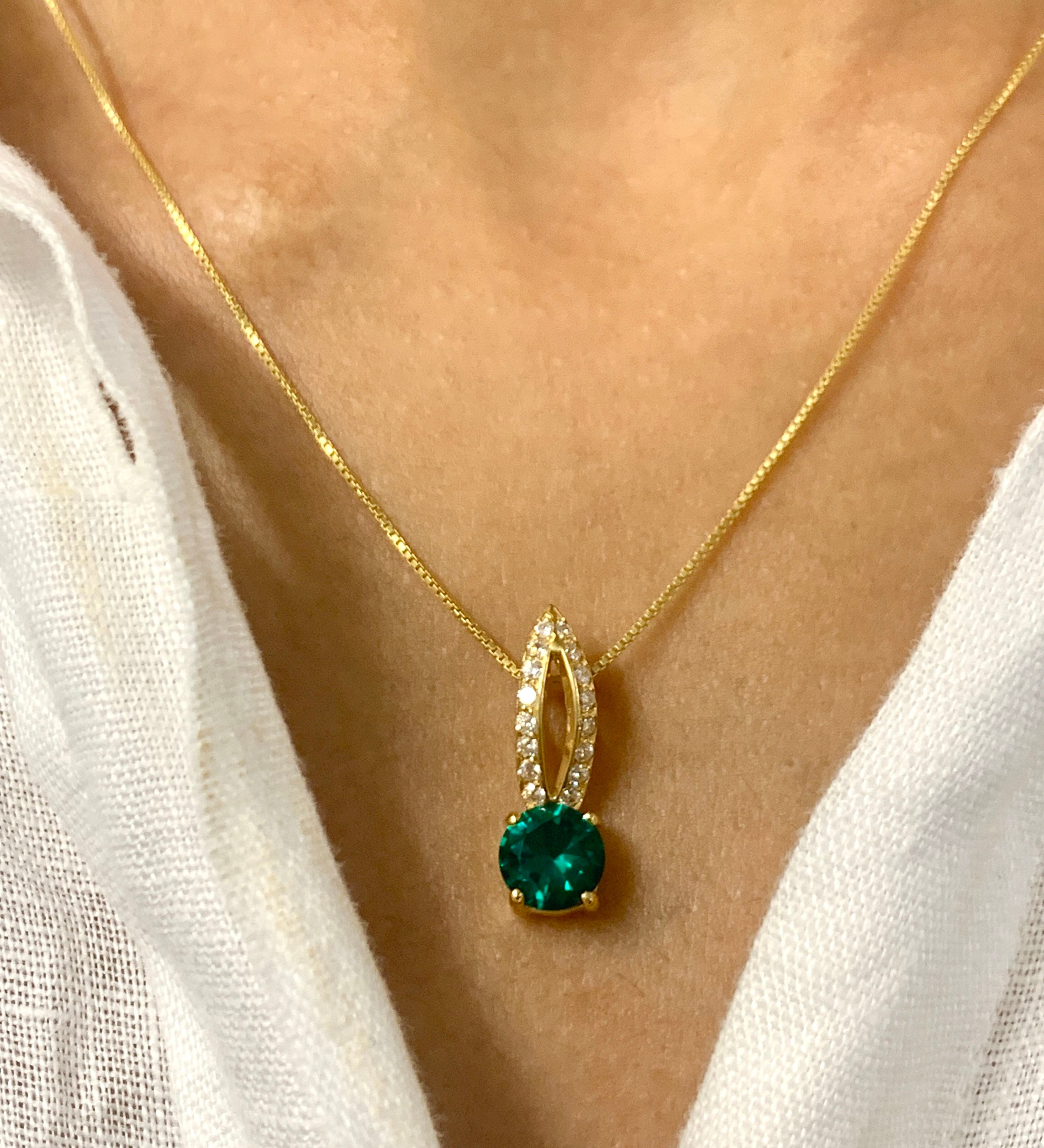 18k Gold Vermeil Emerald Pendant with Round Created Green Emerald, perfect May birthstone gift for special occasions.