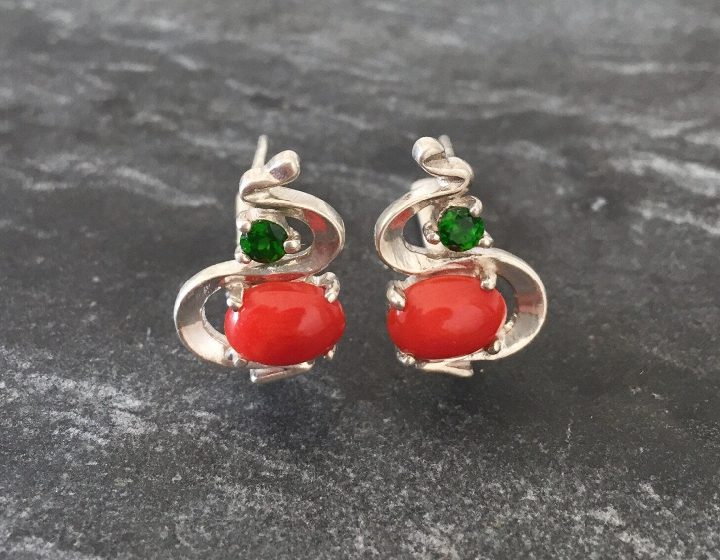 Red Coral Earrings, Natural Coral, Emerald Earrings, March Birthstone, May Birthstone, Genuine Coral, Unique Earrings, Solid Silver, Coral