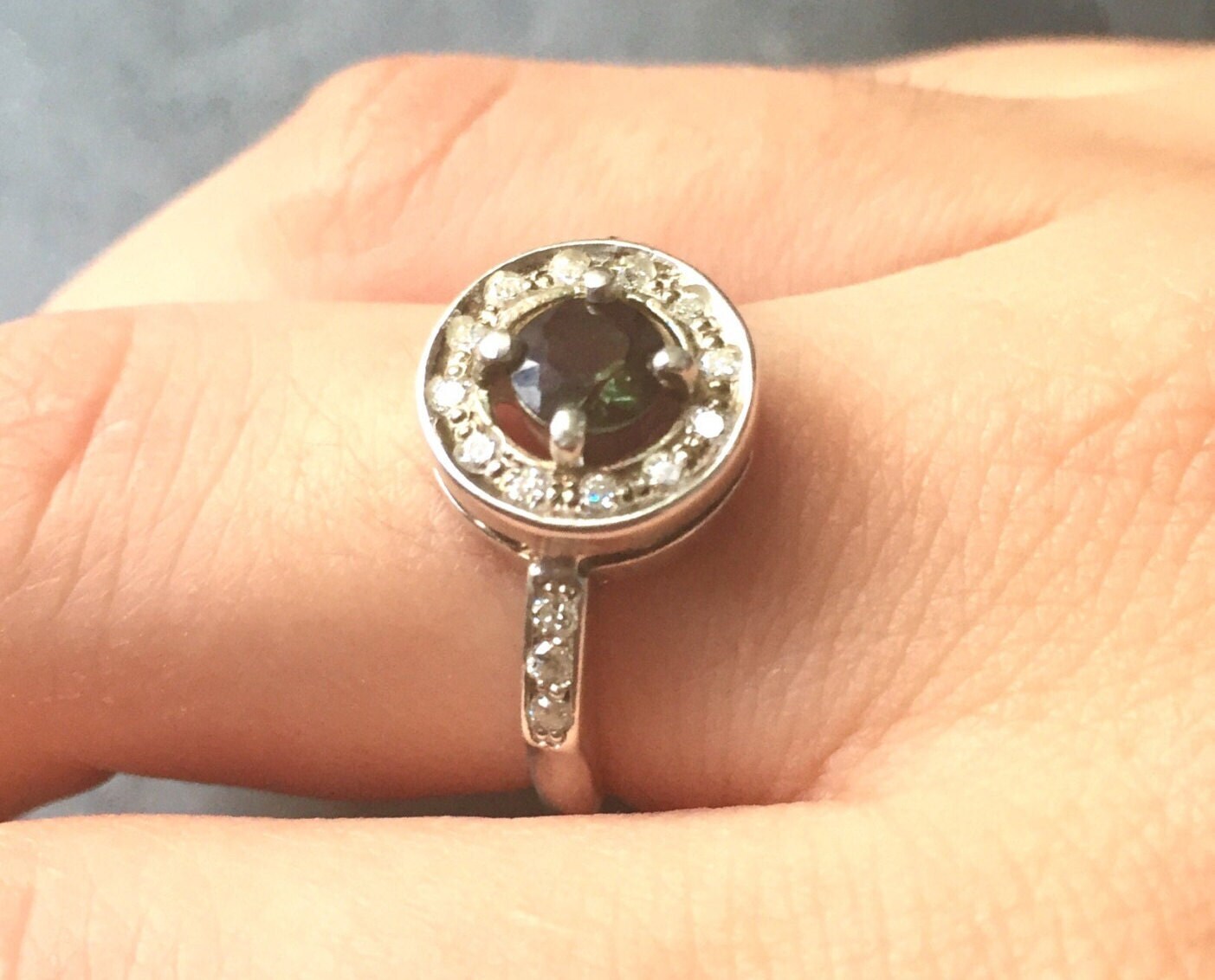 Diamond Ring, Green Diamond Ring, Created Diamond, Cluster Ring, Round Vintage Ring, Green Ring, Green Cluster Ring, Solid Silver Ring,