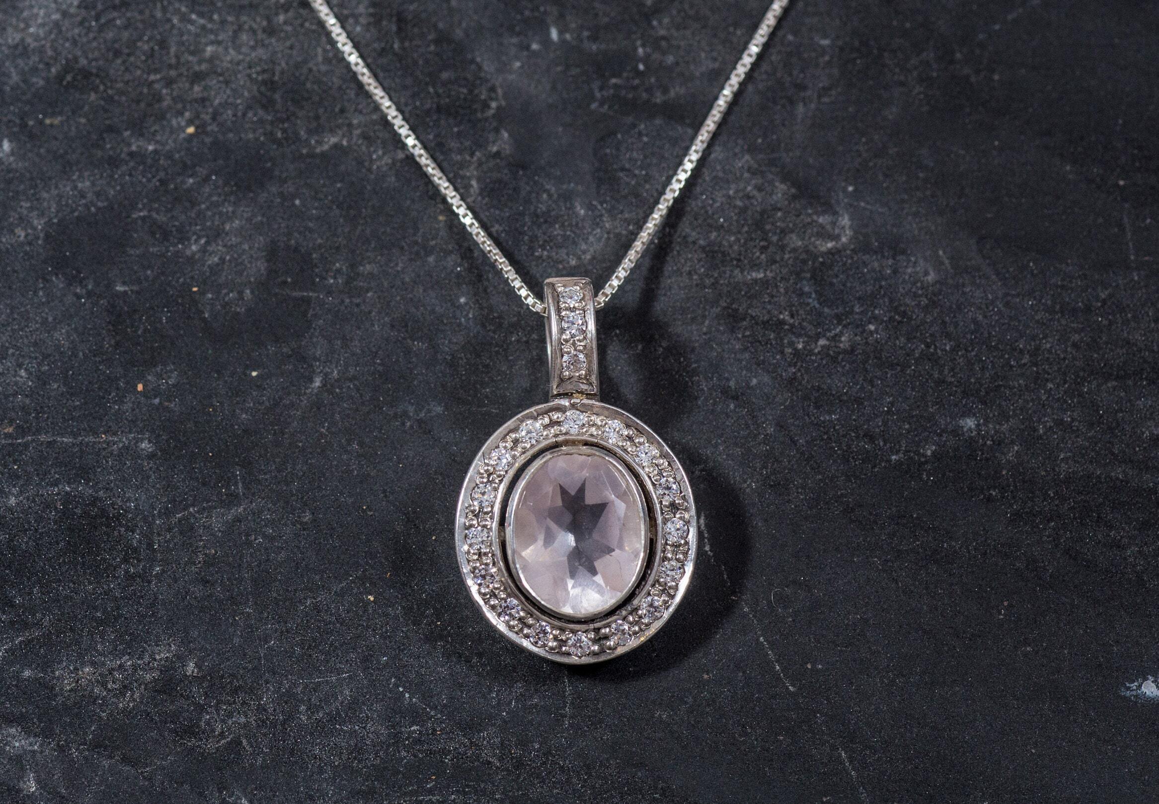 Rose Quartz Pendant, Vintage Pendant, Natural Stone, Love Pendant, Antique Pendant, Pink Pendant, Solid Silver, Silver Pendant, Silver Chain (529107074)