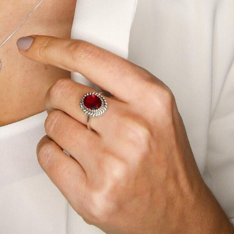 Ruby ring in 925 Sterling Silver, featuring an oval created red ruby; a timeless July birthstone gift for special occasions.