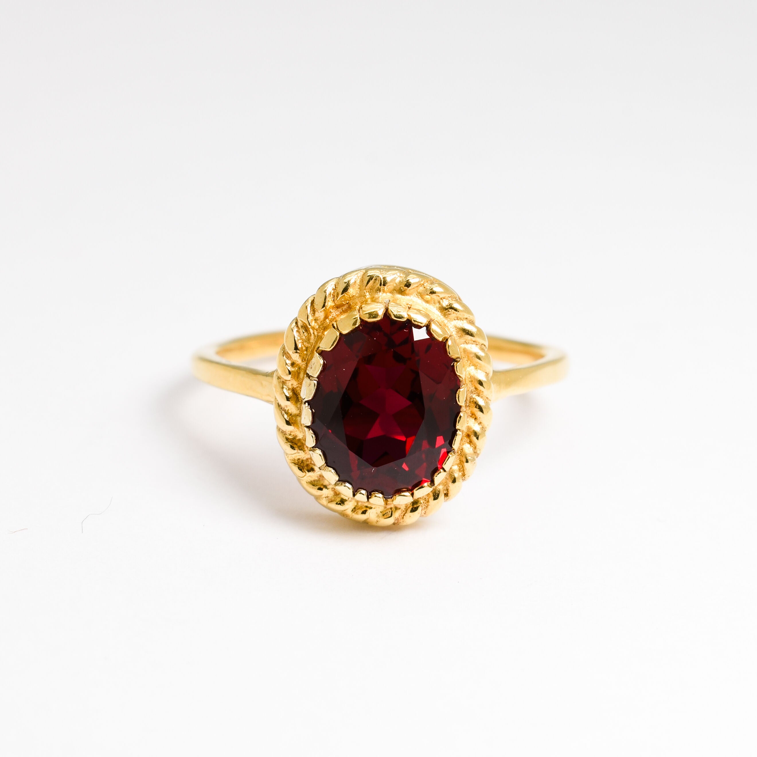 Created Ruby Ring made in 18k Gold Vermeil with Oval Created Red Ruby in Solitaire setting, July Birthstone gift idea, symbolizes nobility, purity, and passion, ideal for everyday wear and perfect for birthday gifting and special occasions.