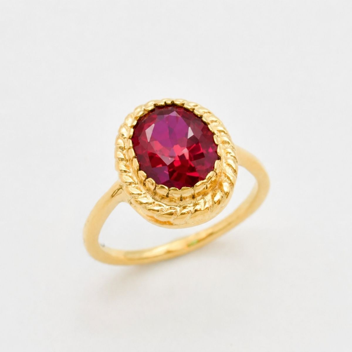 Created Ruby Ring made in 18k Gold Vermeil with Oval Created Red Ruby in Solitaire setting, July Birthstone gift idea, symbolizes nobility, purity, and passion, ideal for everyday wear and perfect for birthday gifting and special occasions.