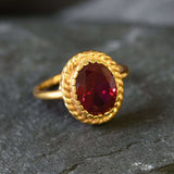 Gold Ruby Ring - Red Vintage Ring - Oval Cocktail Ring