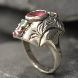 Pink Tourmaline Ring - Multistone Boho Ring - Chunky Vintage Ring