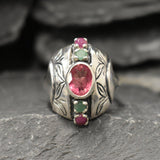 Pink Tourmaline Ring - Multistone Boho Ring - Chunky Vintage Ring