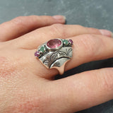 Pink Tourmaline Ring - Multistone Boho Ring - Chunky Vintage Ring