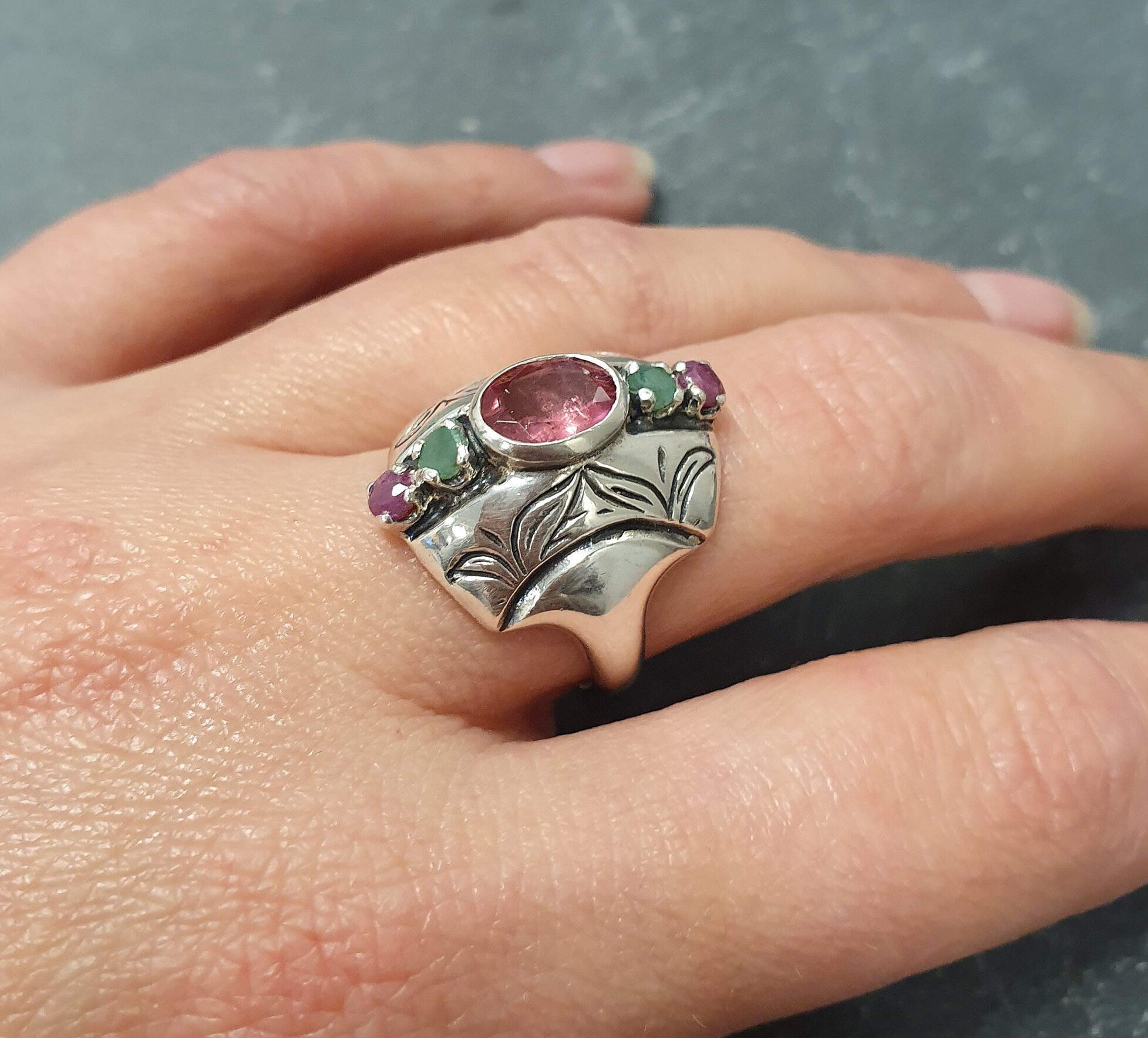 Pink Tourmaline Ring, Natural Tourmaline, October Birthstone, Multistone Ring, Tribal Ring, Silver Shield Ring, Pink Ring, Solid Silver Ring
