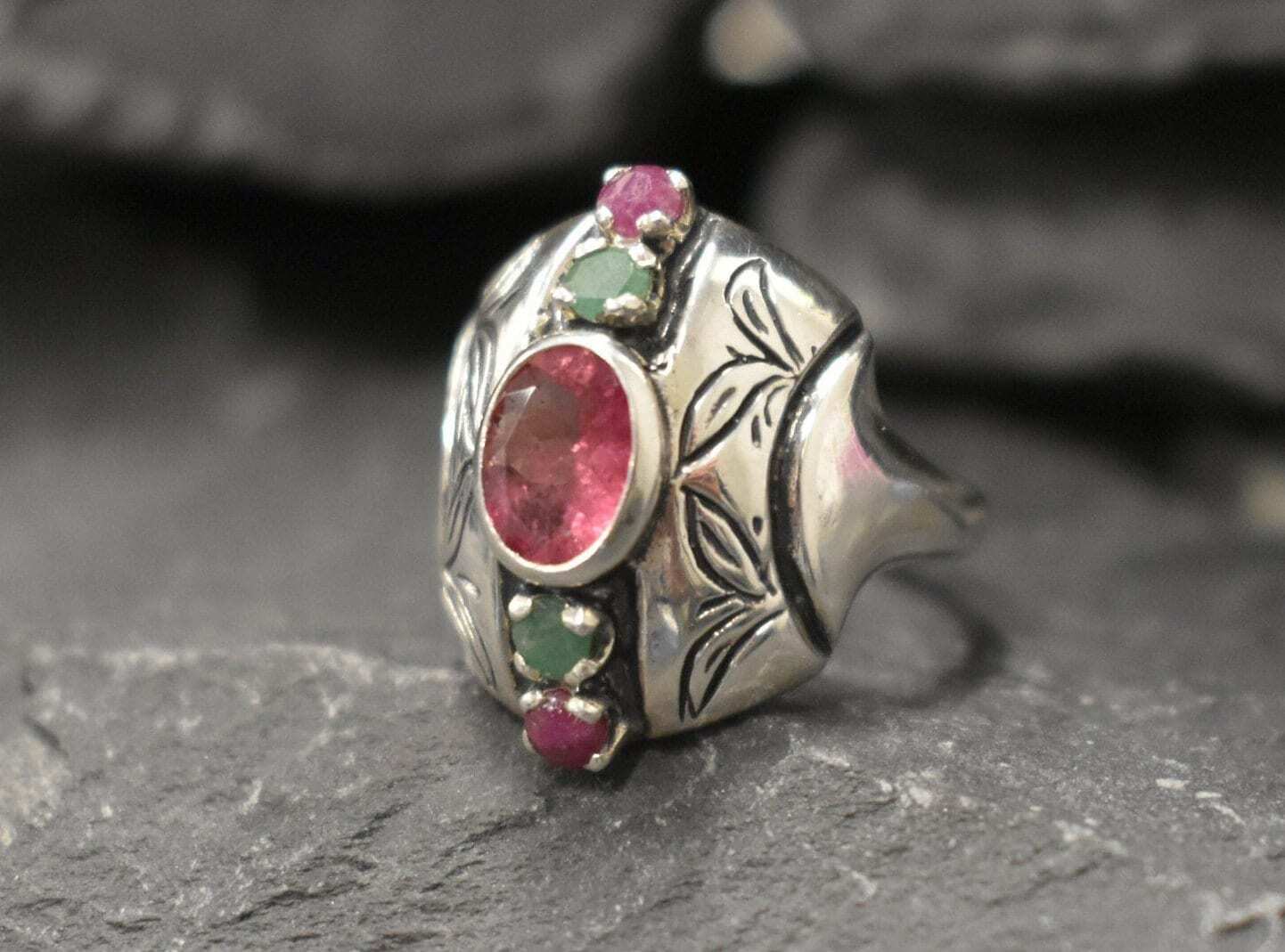 Pink Tourmaline Ring, Natural Tourmaline, October Birthstone, Multistone Ring, Tribal Ring, Silver Shield Ring, Pink Ring, Solid Silver Ring