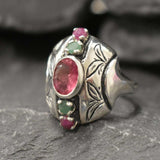 Pink Tourmaline Ring - Multistone Boho Ring - Chunky Vintage Ring