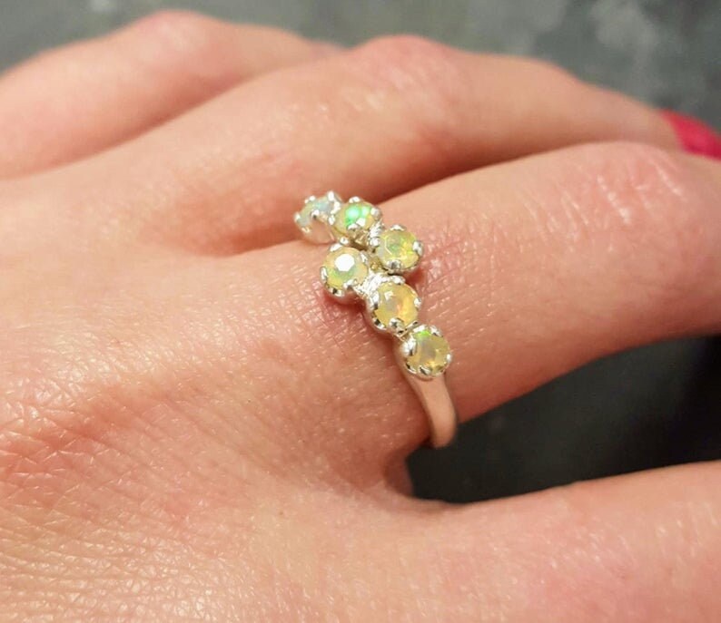 Fire Opal Ring, Natural Opal Ring, Bypass Ring, Asymmetric Band, October Birthstone, Vintage Ring, Stackable Ring, Sterling Silver Ring