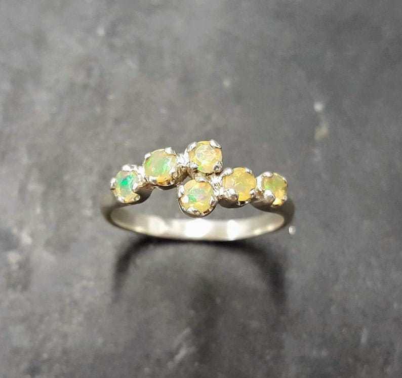 Fire Opal Ring, Natural Opal Ring, Bypass Ring, Asymmetric Band, October Birthstone, Vintage Ring, Stackable Ring, Sterling Silver Ring