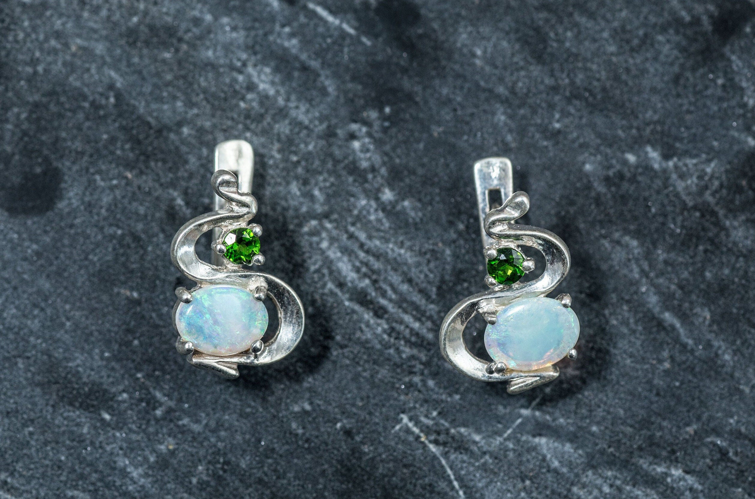 Opal Earrings, Natural Opal, Asymmetric Earrings, Real Opal Earrings, Opal Studs, Fire Opal Earrings, Dainty Earrings, 925 Silver Earrings