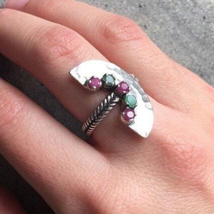 Tribal Ring, Citrine, Amethyst, Blue Topaz, Garnet, Peridot, Half Moon Ring, Birthstone Ring, Solid Silver Ring, Unique Ring, Natural Stones
