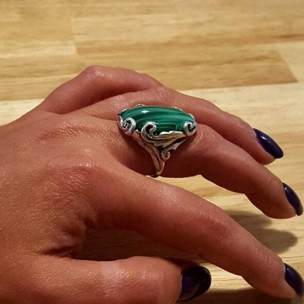 Large Malachite Ring, Natural Malachite, Vintage Rings, Large Stone Ring, Natural Stone, Malachite Ring, Green Ring, Solid Silver, Malachite