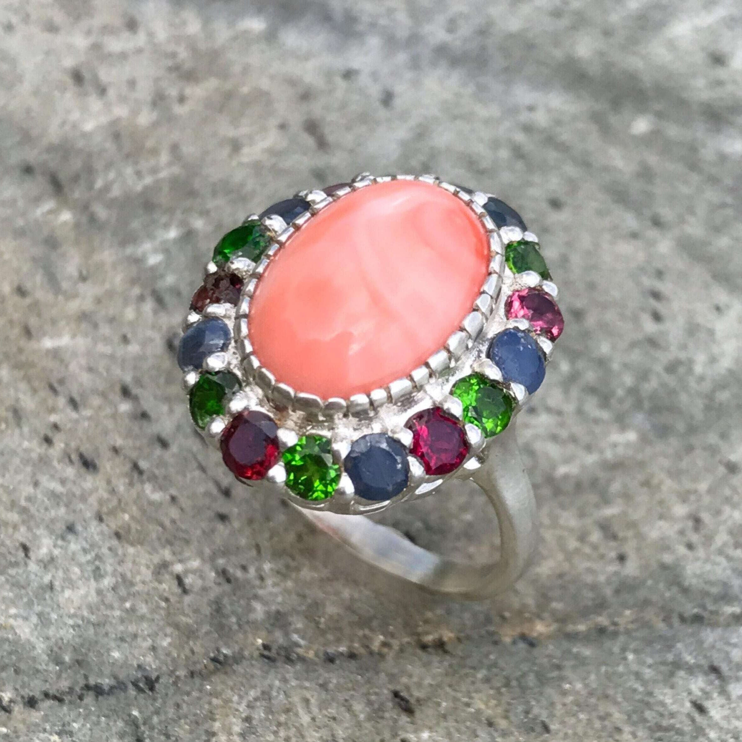 Large Coral Ring, Natural Coral, Coral, Angel Skin Coral, March Birthstone Ring, Sapphire Ring, Garnet Ring, Chrome Diopside, Statement Ring
