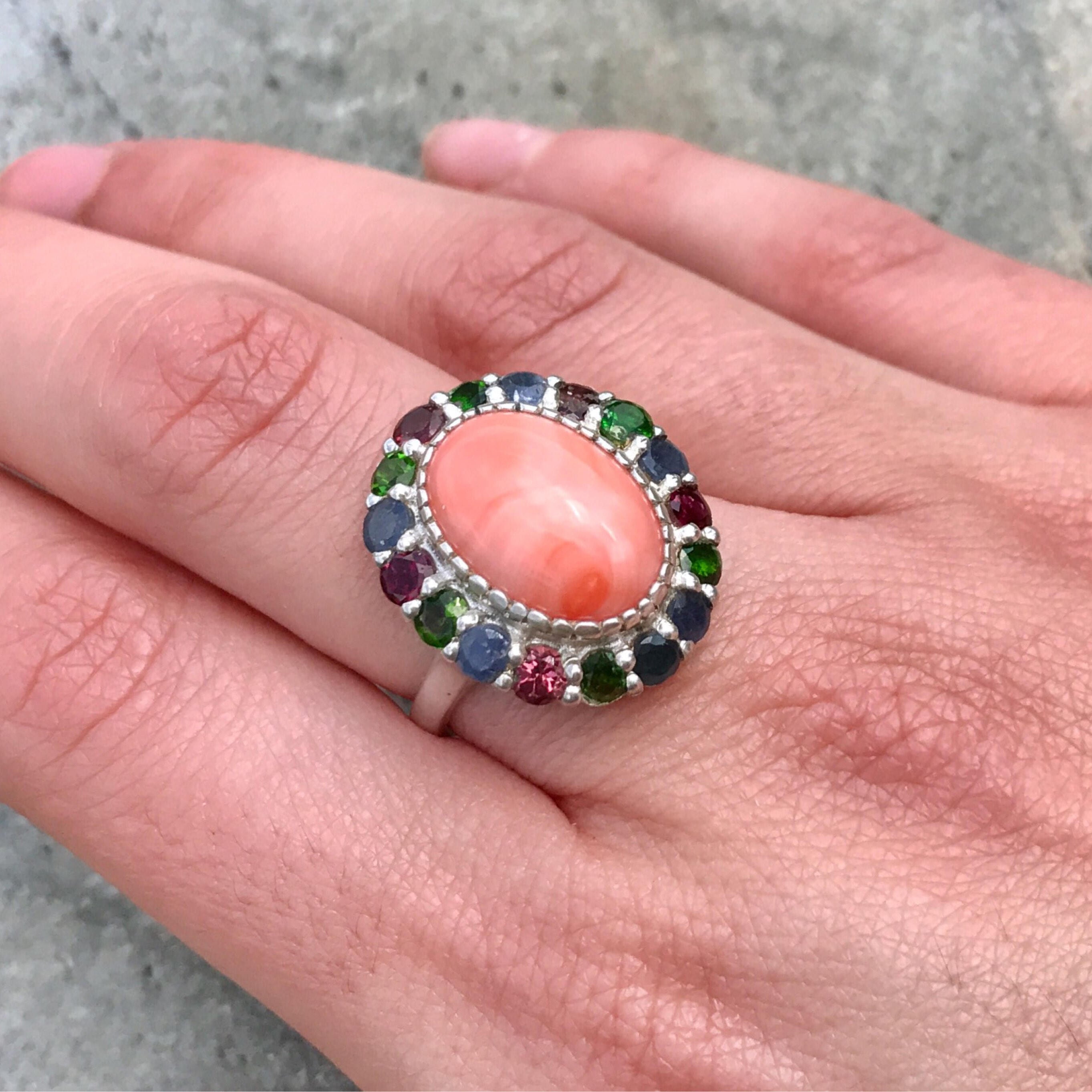 Large Coral Ring, Natural Coral, Coral, Angel Skin Coral, March Birthstone Ring, Sapphire Ring, Garnet Ring, Chrome Diopside, Statement Ring