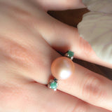 Large Pearl Ring - Natural Emerald Ring - Vintage Cocktail Ring