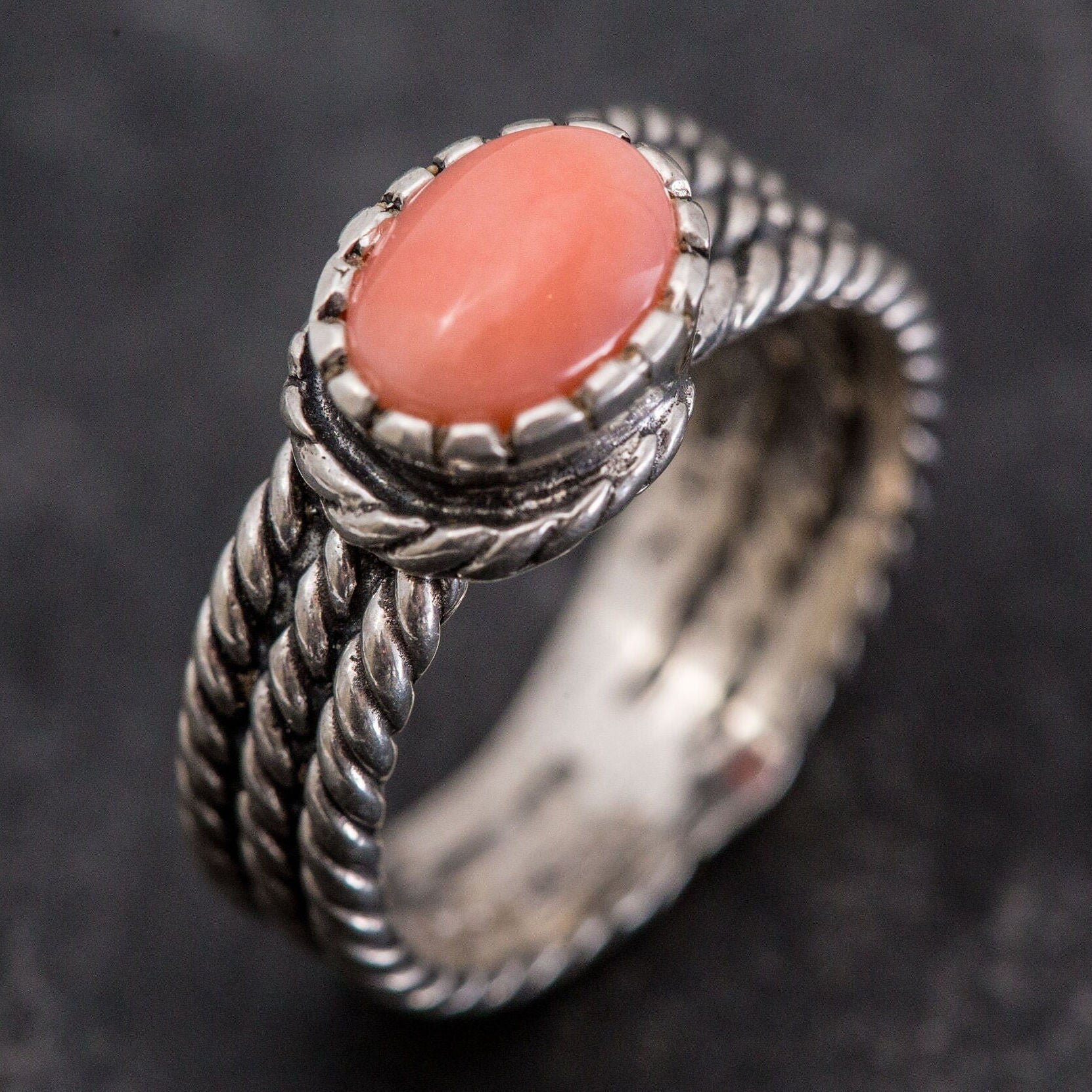 Coral Ring, Natural Coral, March Birthstone, Angel Skin Coral, Pink Coral, Vintage Rings, Pink Ring, Thick Silver Ring, Bezel Ring, Coral