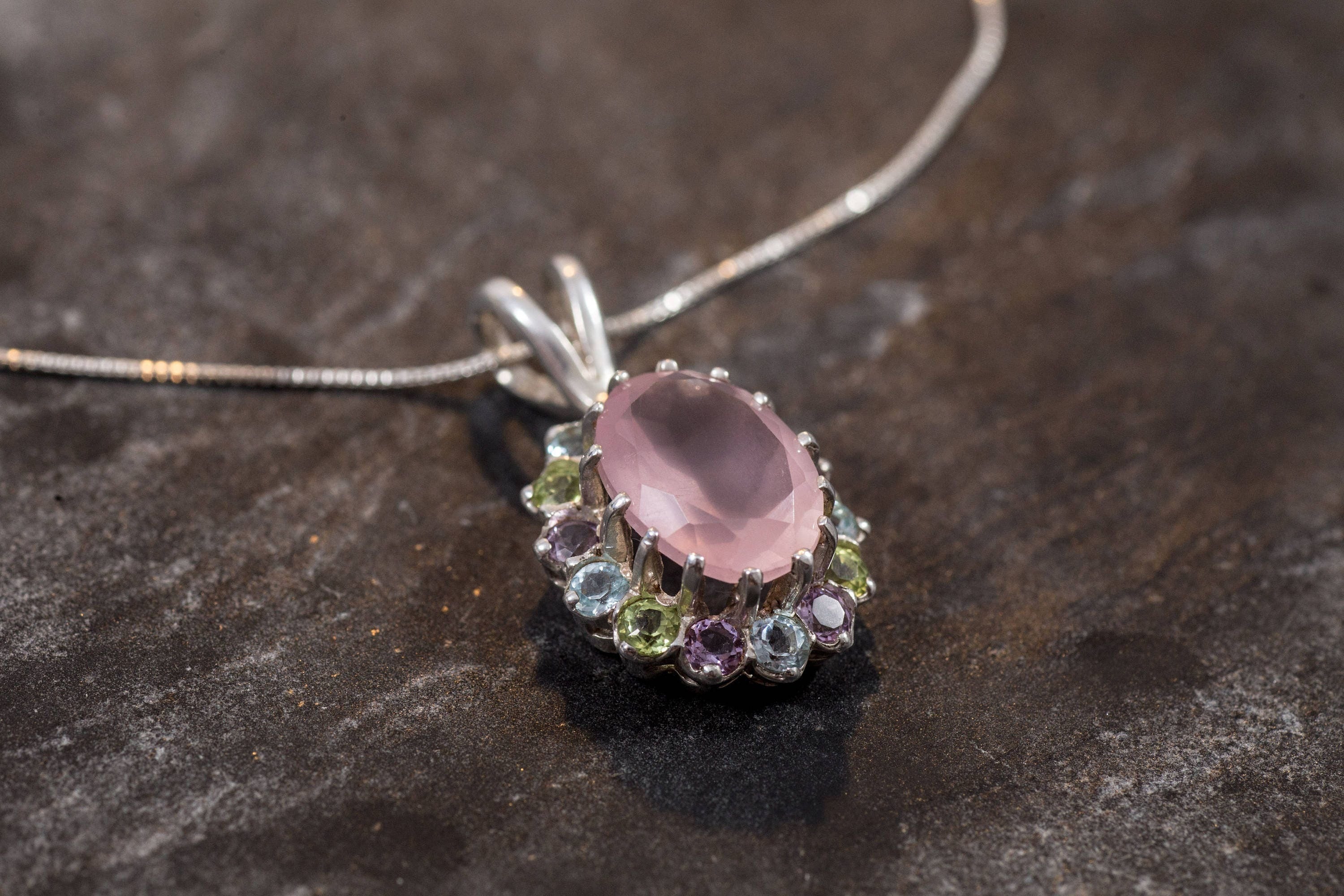 Rose Quartz Pendant, Topaz Pendant, Birthstone Pendant, Pink Pendant, Solid Silver, December Birthstone, Feb Birthstone, August Birthstone (570377455)