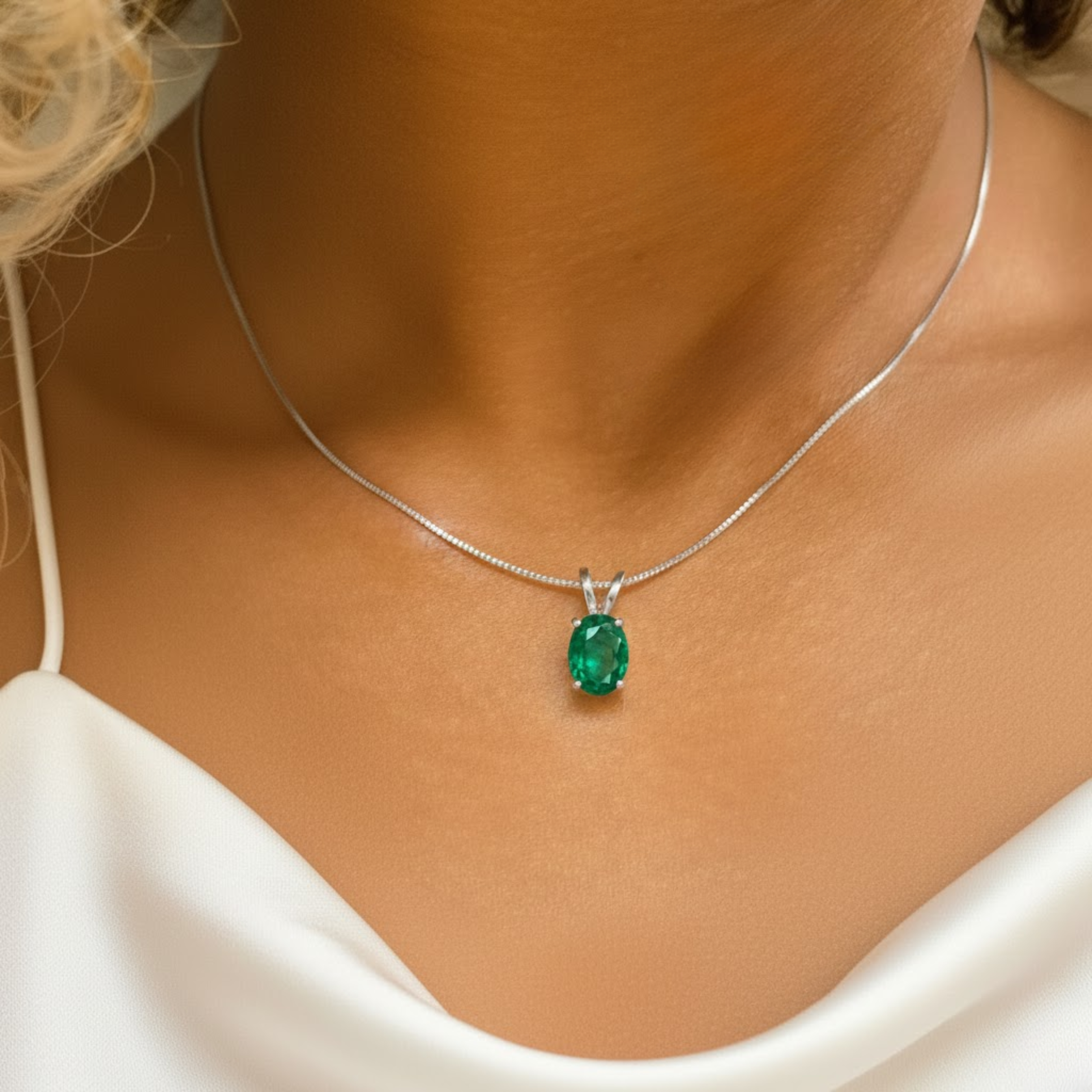 Elegant 925 Sterling Silver Emerald Pendant featuring a stunning Oval Created Green Emerald, perfect for May birthdays.