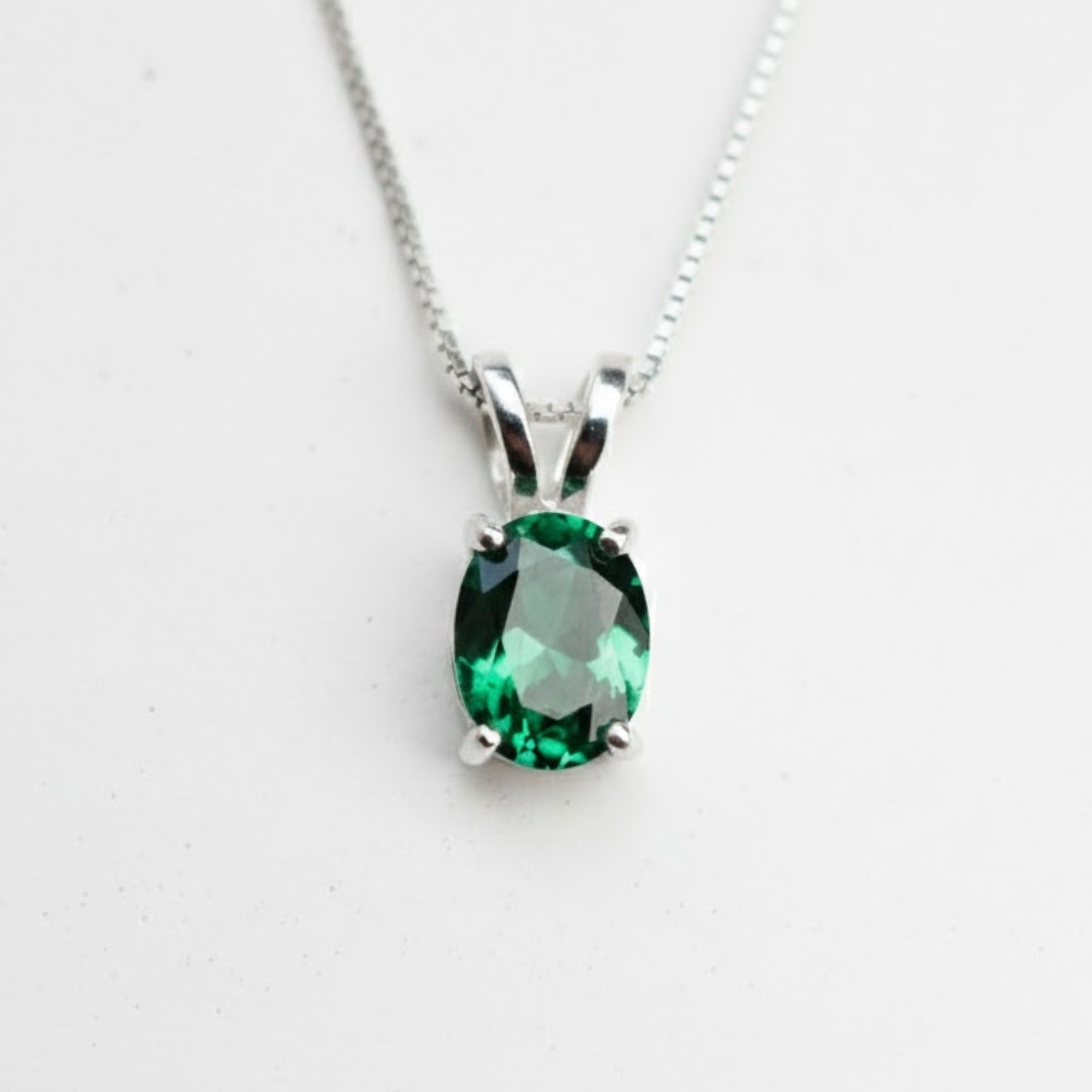 Created Emerald Pendant made in 925 Sterling Silver with Oval Created Green Emerald in Prong setting, May Birthstone gift idea, symbolizes, ideal for everyday wear and perfect for birthday gifting and special occasions.