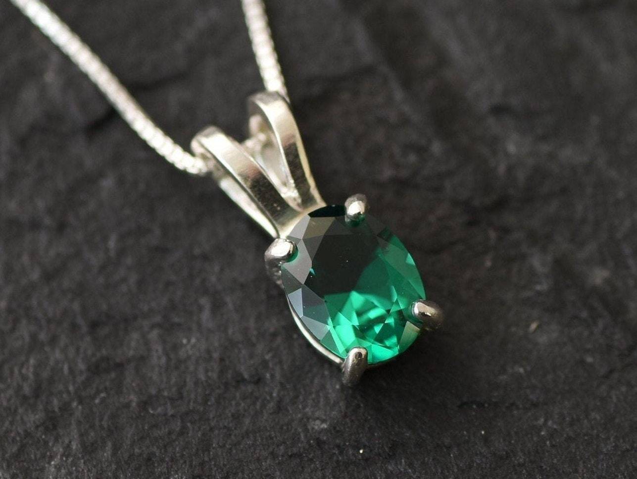 Created Emerald Pendant made in 925 Sterling Silver with Oval Created Green Emerald in Prong setting, May Birthstone gift idea, symbolizes, ideal for everyday wear and perfect for birthday gifting and special occasions.