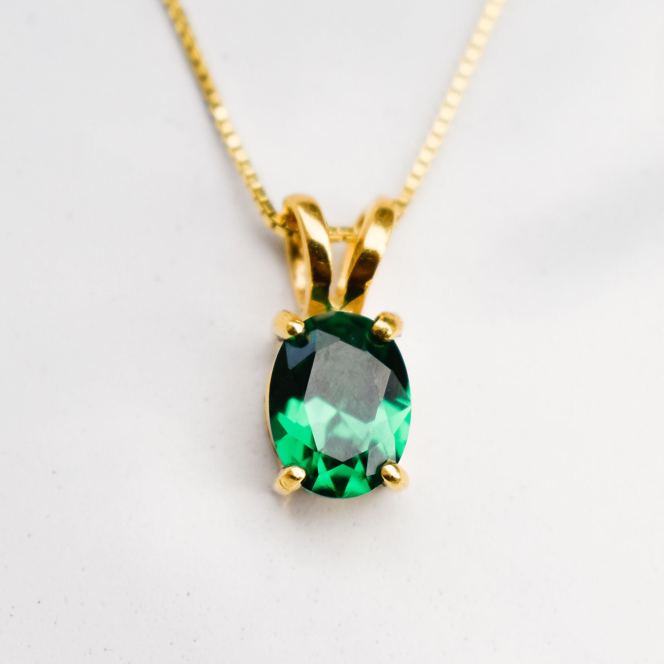 Created Emerald Pendant made in 18k Gold Vermeil with Oval Created Green Emerald in Prong setting, May Birthstone gift idea, symbolizes, ideal for everyday wear and perfect for birthday gifting and special occasions.