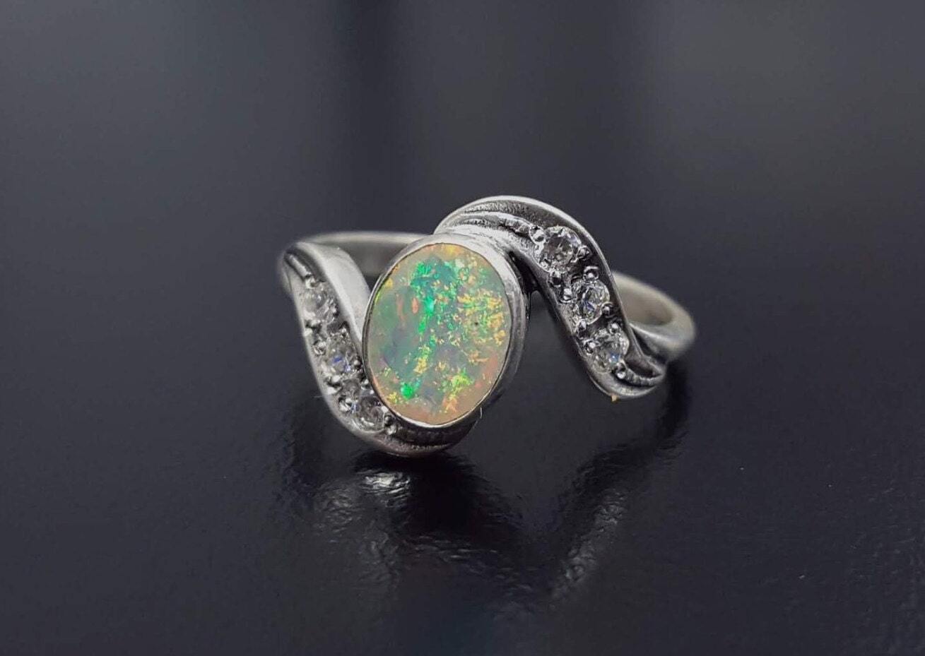 Genuine Opal Ring - Fire Opal Ring - Rainbow Engagement Ring