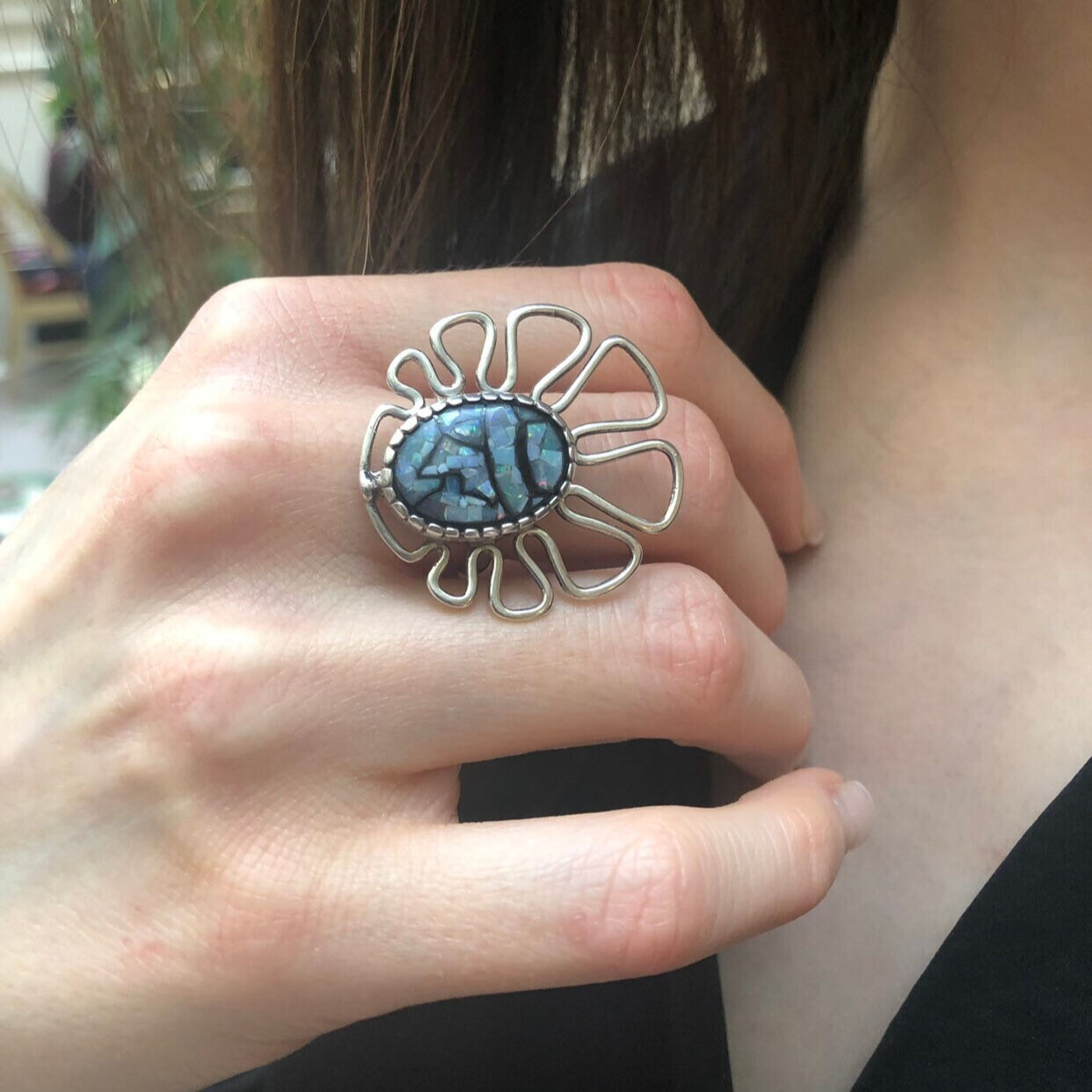 Mosaic Ring, Shell Pearl Ring, Natural Shell Pearl, Lady Ring, Artistic Ring, Statement Ring, Solid Silver Ring, Blue Ring, Shell Pearl