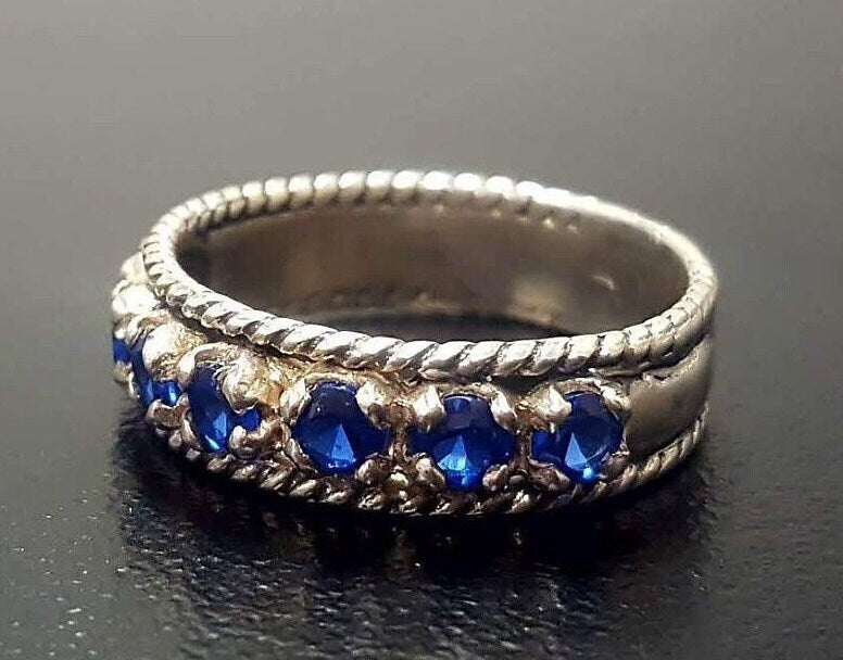 Wide Sapphire Band - Blue Half Eternity Ring - Vintage Stackable Ring