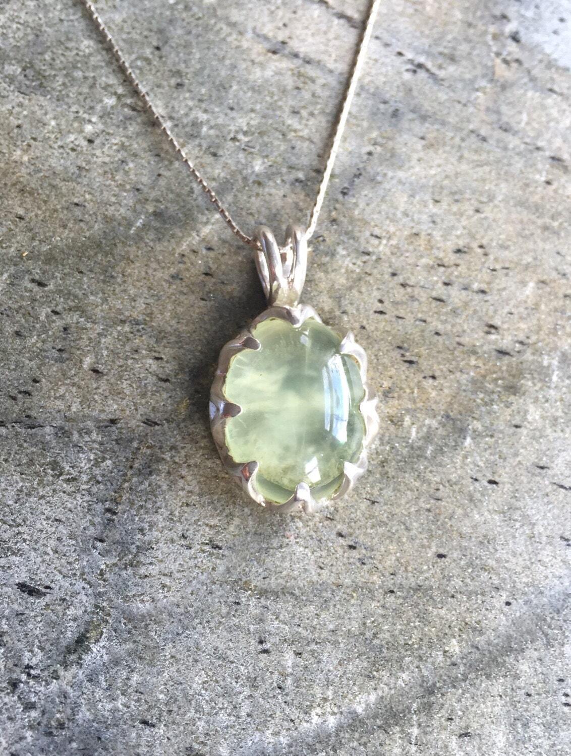 Prehnite Pendant, Natural Prehnite, May Birthstone, Large Oval Pendant, Silver Oval Pendant, Green Pendant, Vintage Pendant, Silver Pendant