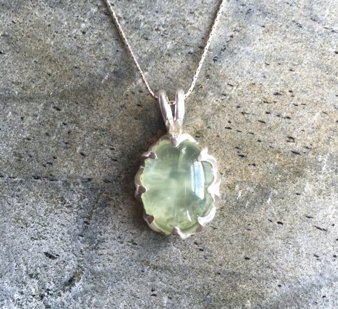 Prehnite Pendant, Natural Prehnite, May Birthstone, Large Oval Pendant, Silver Oval Pendant, Green Pendant, Vintage Pendant, Silver Pendant