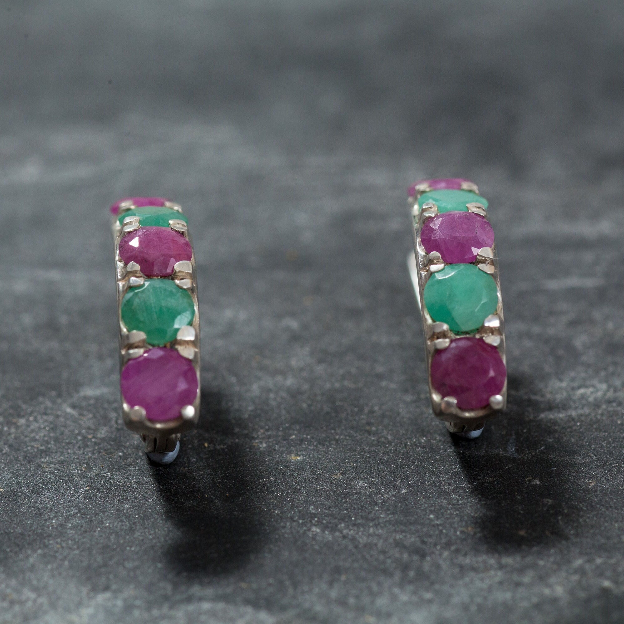 Multistone Earrings, Natural Emerald, Natural Ruby, Heavy Earrings, Half Hoops, Colorful Earrings, Birthstone Earrings, 925 Sterling Silver