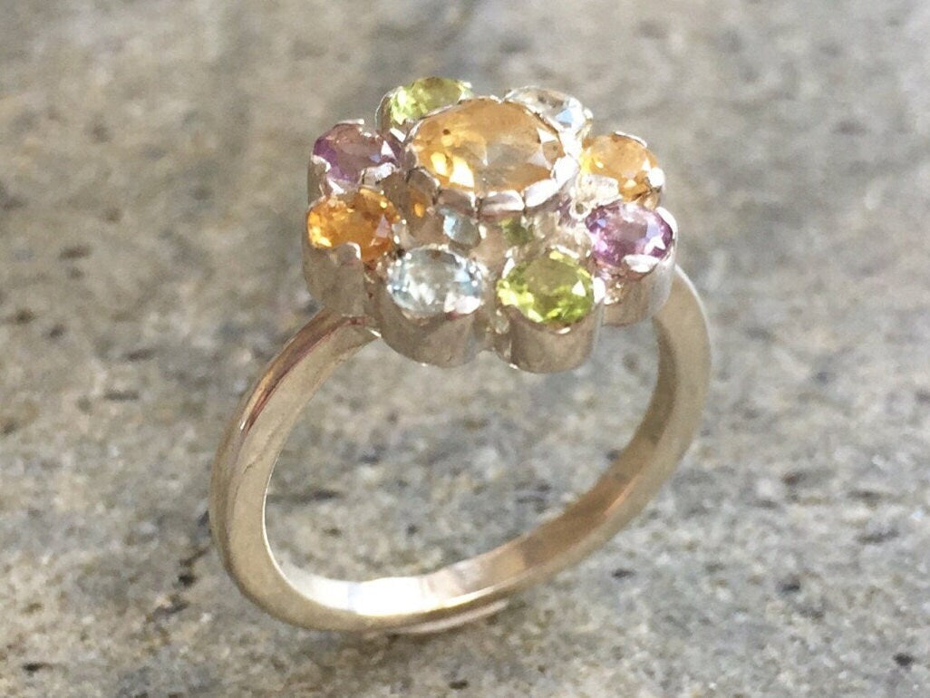 Flower Ring, Citrine Ring, Natural Stones, Topaz Ring, Birthstone Ring, Vintage Rings, Amethyst Ring, Peridot Ring, Pure Silver, Natural Gem