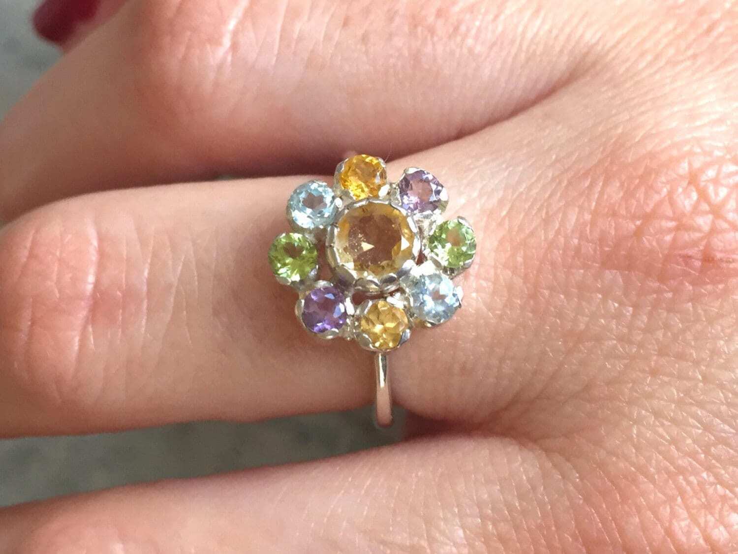 Flower Ring, Citrine Ring, Natural Stones, Topaz Ring, Birthstone Ring, Vintage Rings, Amethyst Ring, Peridot Ring, Pure Silver, Natural Gem