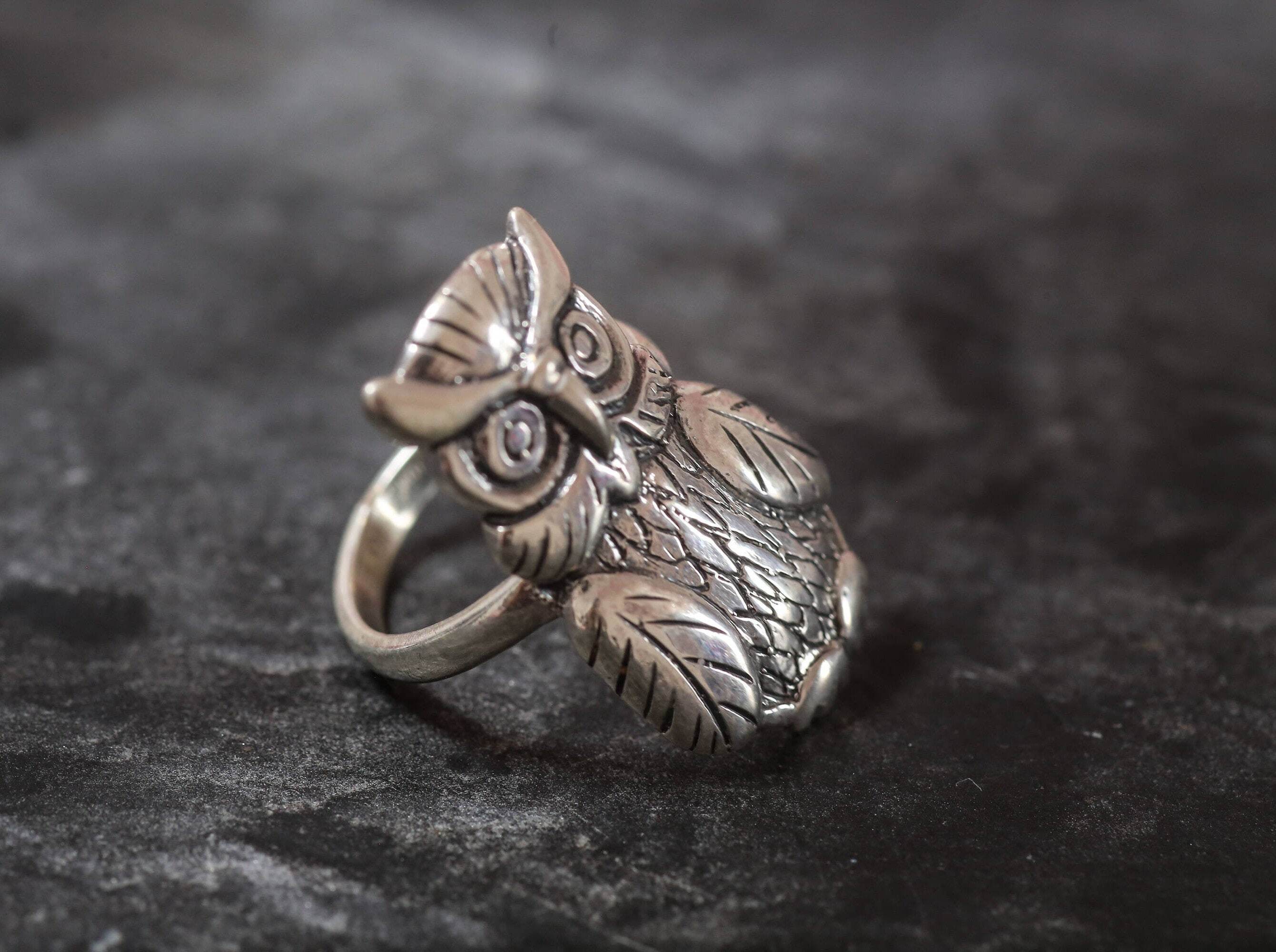 Large Owl Ring, Solid Silver Ring, Statement Ring, Silver Owl Ring, Wisdom Ring, Long Ring, Animal Ring, Bird Ring, Sterling Silver Ring