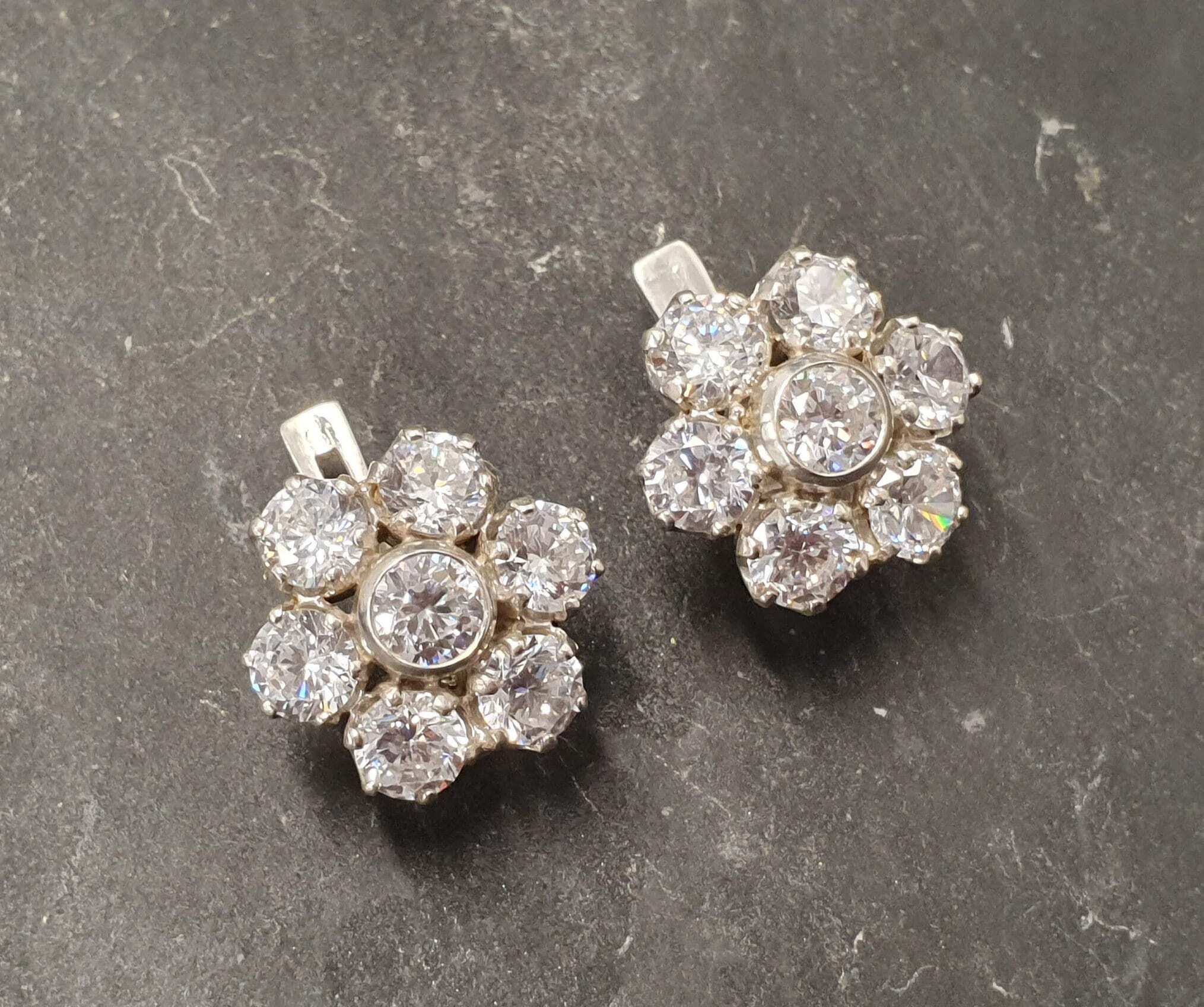 Flower Diamond Earrings - Vintage Flower Earrings, Clear Floral Studs