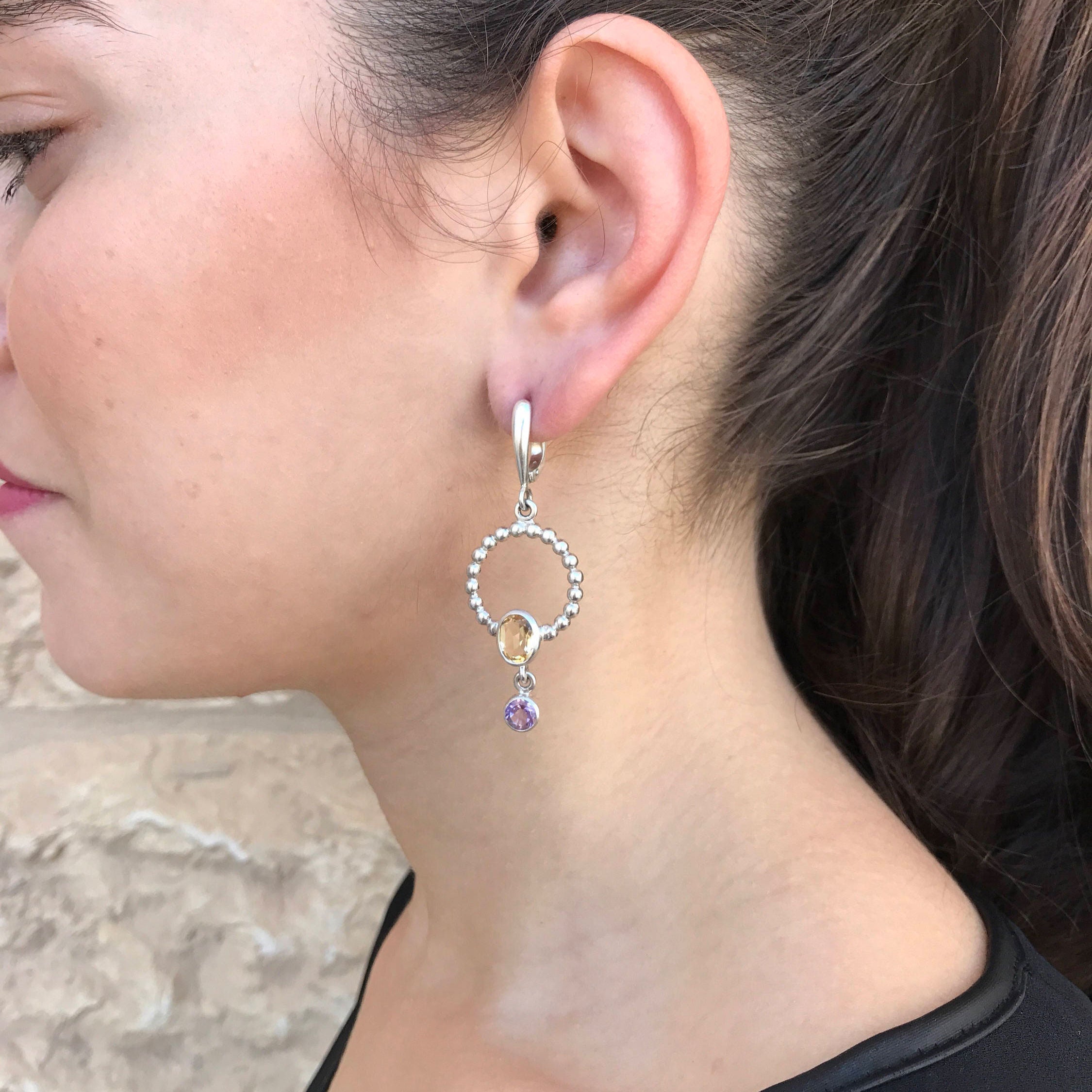 Long Circle Earrings, Natural Citrine, Bubble Beaded Earrings, Peridot Earrings, November Birthstone, August Birthstone, 925 Sterling Silver