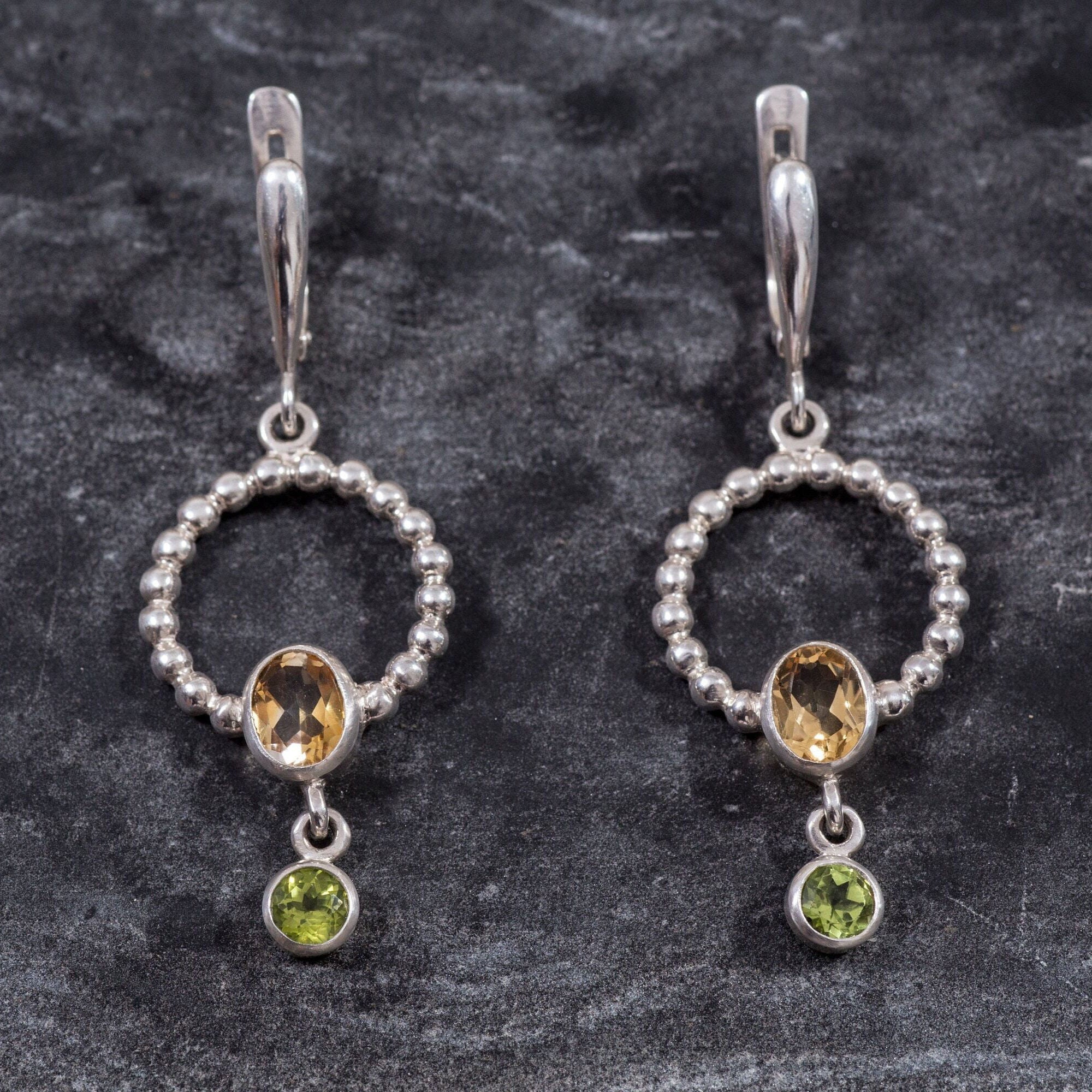 Long Circle Earrings, Natural Citrine, Bubble Beaded Earrings, Peridot Earrings, November Birthstone, August Birthstone, 925 Sterling Silver