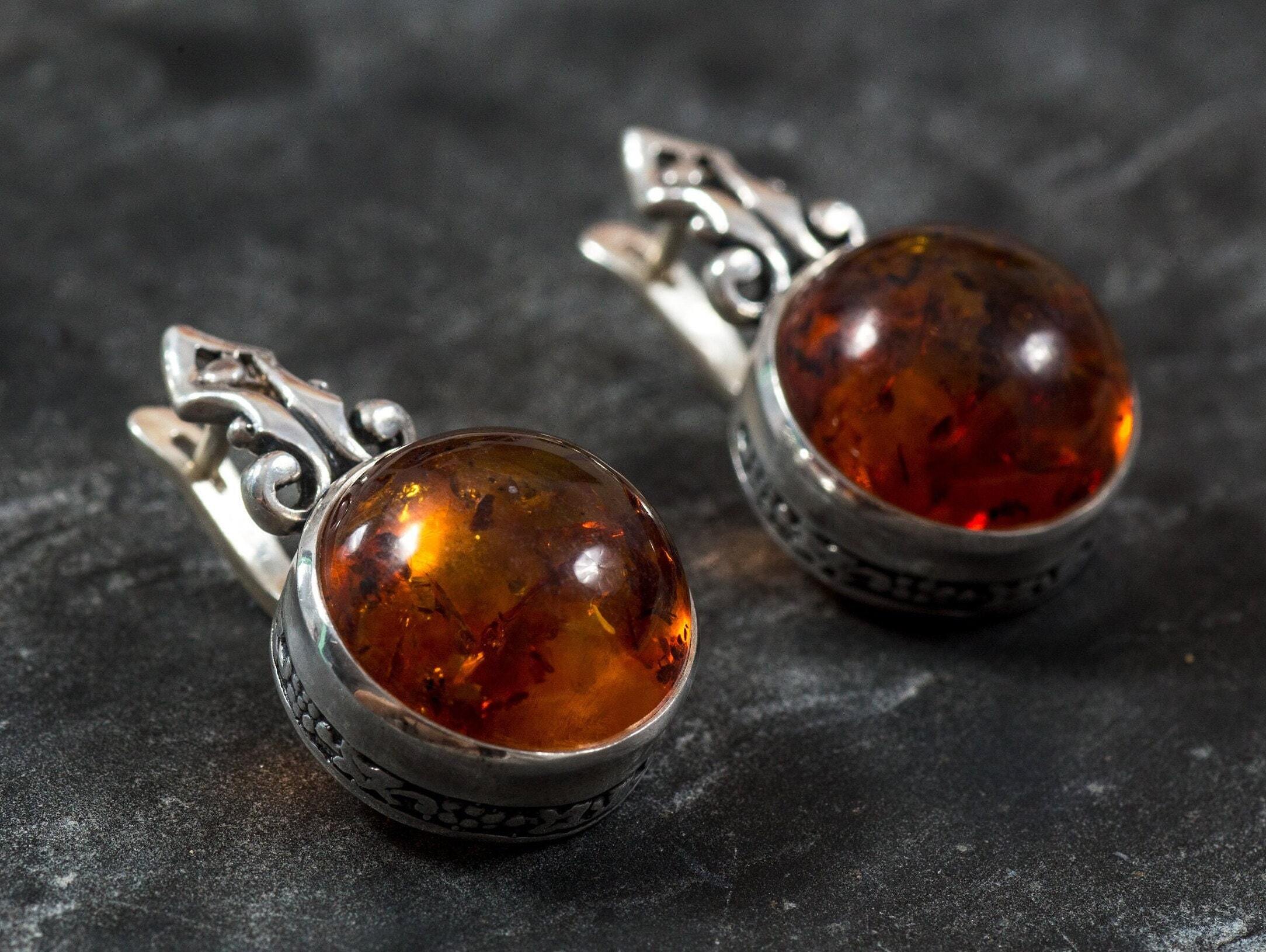 Amber Earrings, Natural Amber, Brown Amber Earrings, Natural Brown Amber, Taurus Earrings, Vintage Earrings, Solid Silver Earrings, Amber