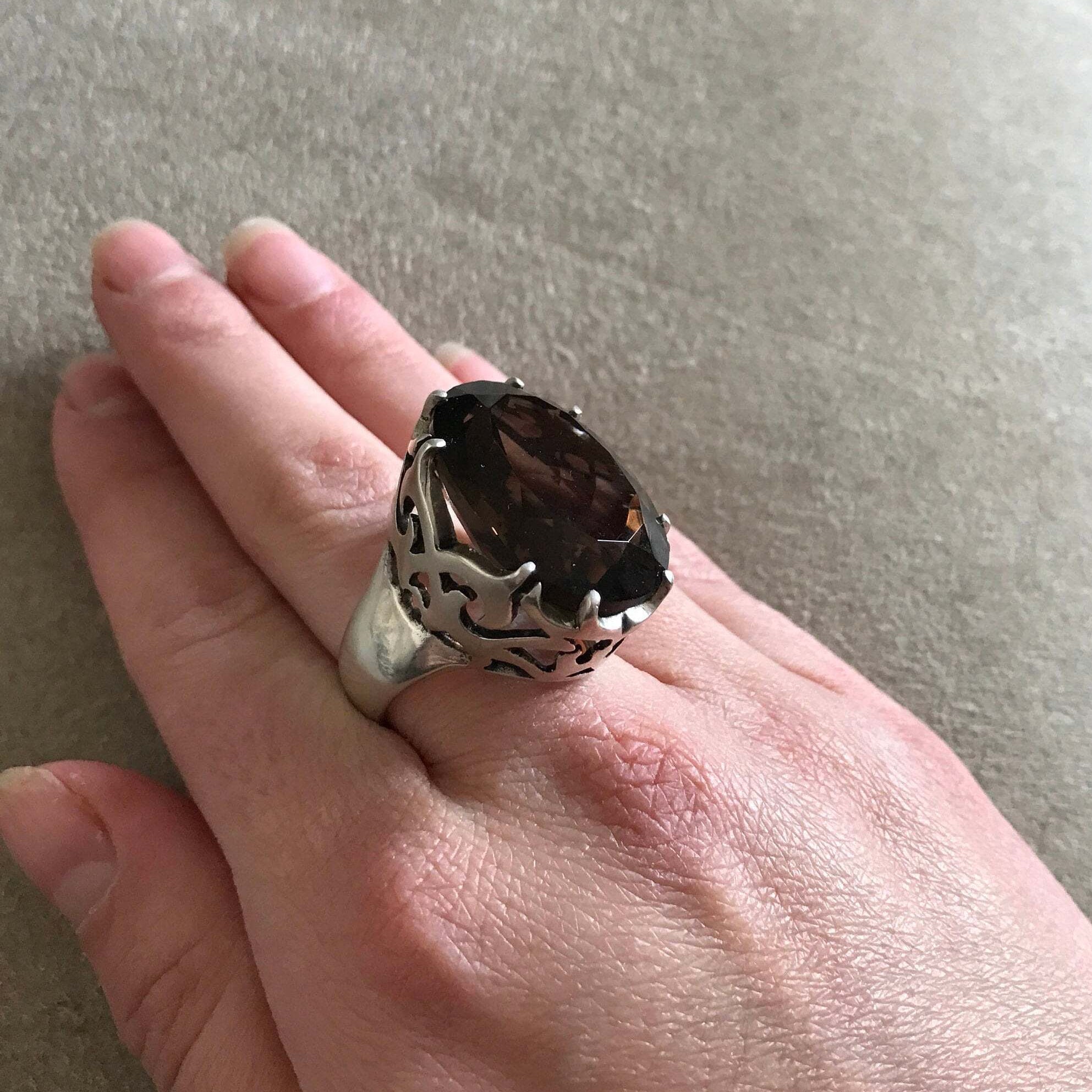 Smoky Topaz Ring, Huge Smoky Topaz, Natural Topaz, Large Statement Ring, Vintage Ring, Artistic Ring, Huge Ring, 30 Carats, Diamond Cut (511670486)