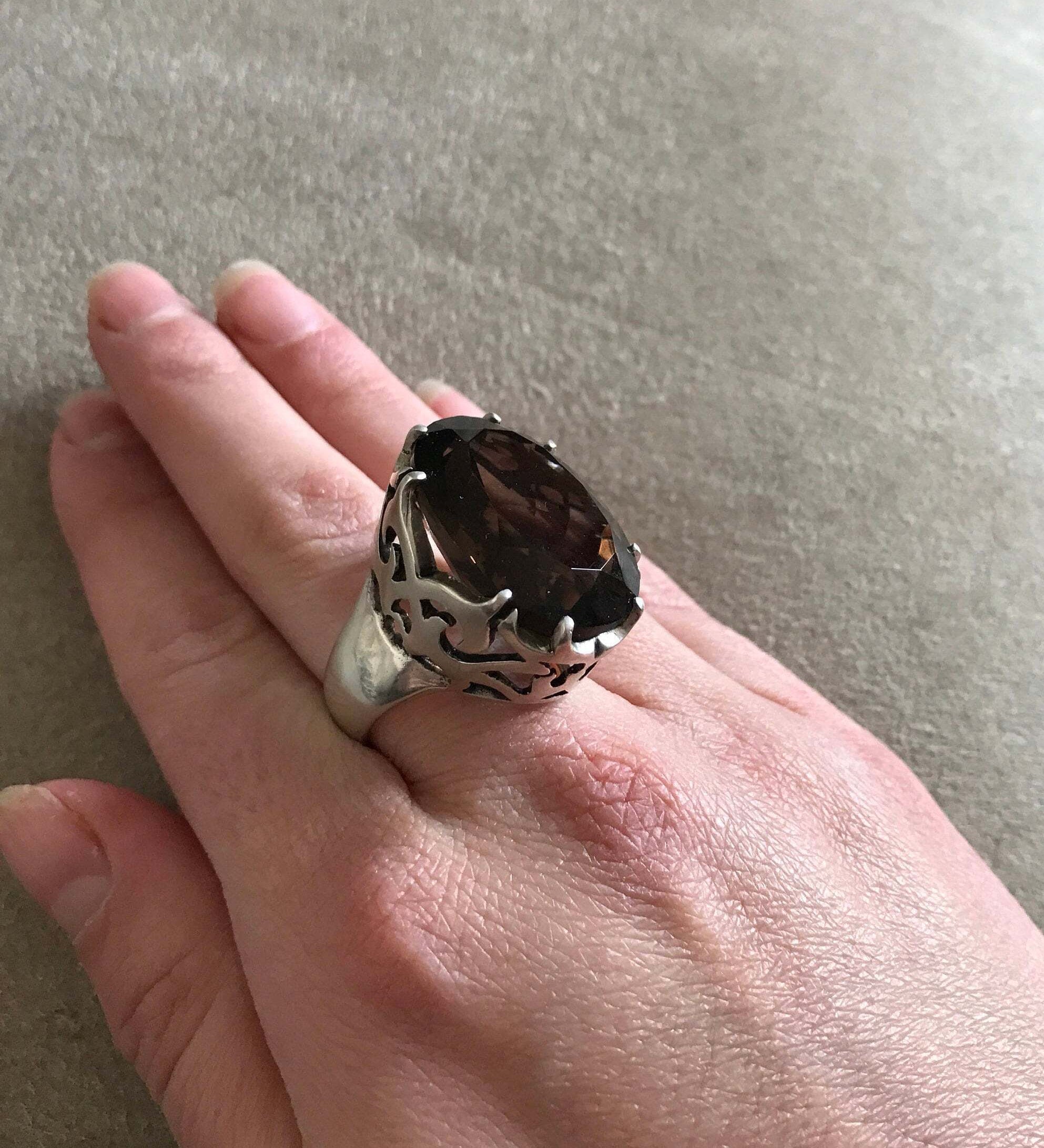 Smoky Topaz Ring, Huge Smoky Topaz, Natural Topaz, Large Statement Ring, Vintage Ring, Artistic Ring, Huge Ring, 30 Carats, Diamond Cut (511670486)