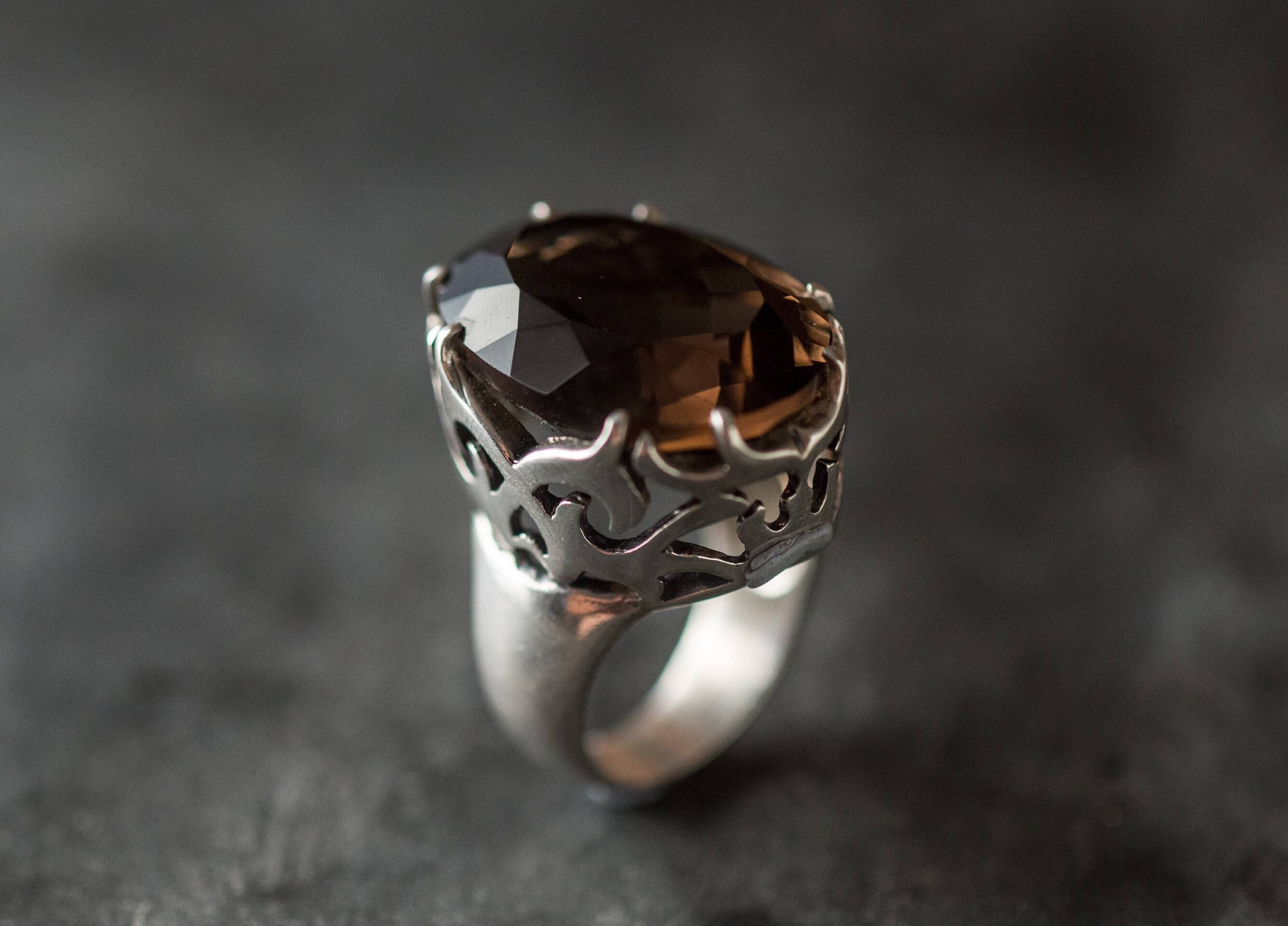 Smoky Topaz Ring, Huge Smoky Topaz, Natural Topaz, Large Statement Ring, Vintage Ring, Artistic Ring, Huge Ring, 30 Carats, Diamond Cut (511670486)