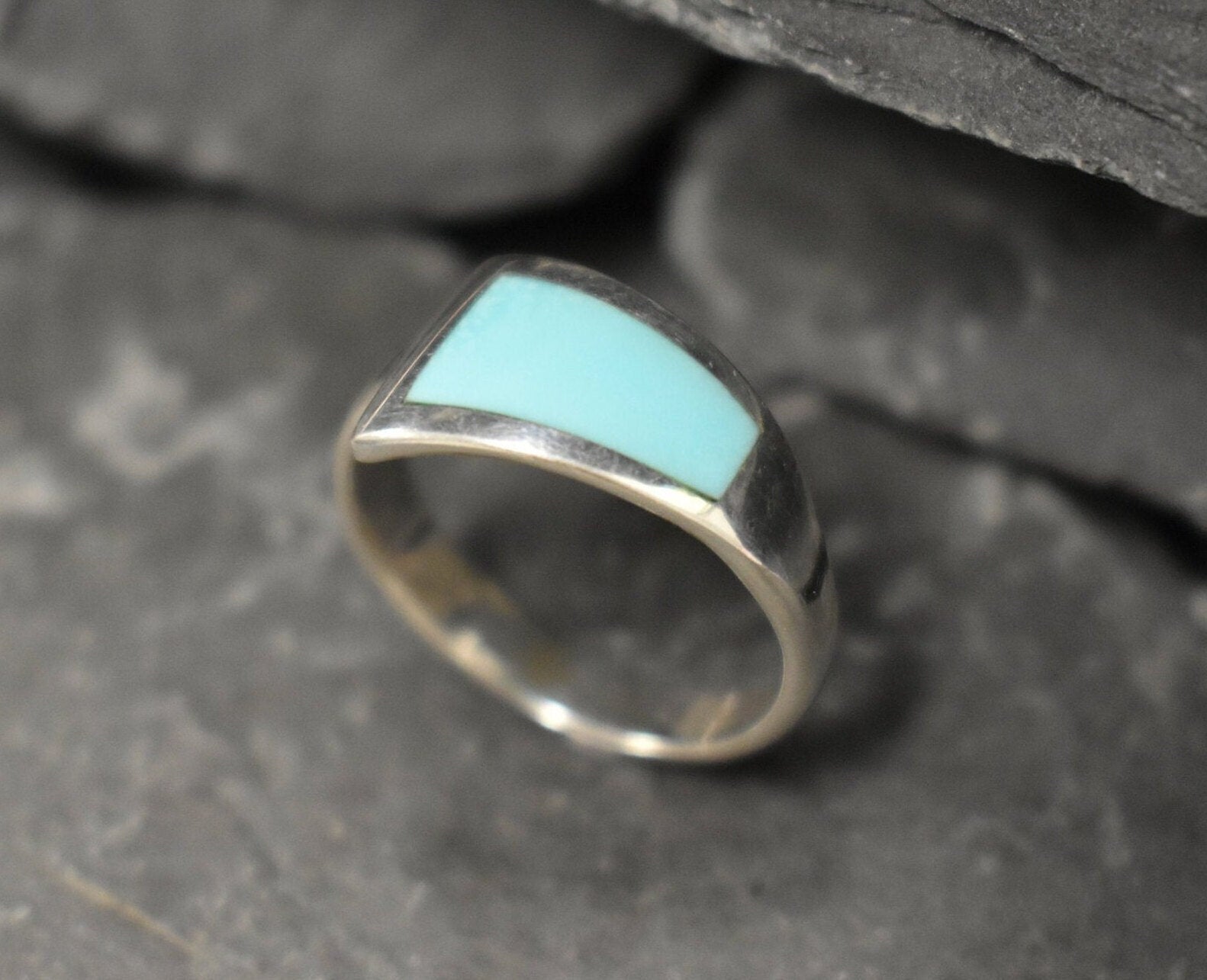 Genuine Turquoise Ring - Flat Blue Ring - Smooth Trapezoid Ring