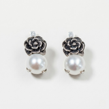 Statement Pearl Earrings - Silver Rose Studs - Genuine Pearl Earrings