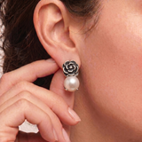 Statement Pearl Earrings - Silver Rose Studs - Genuine Pearl Earrings