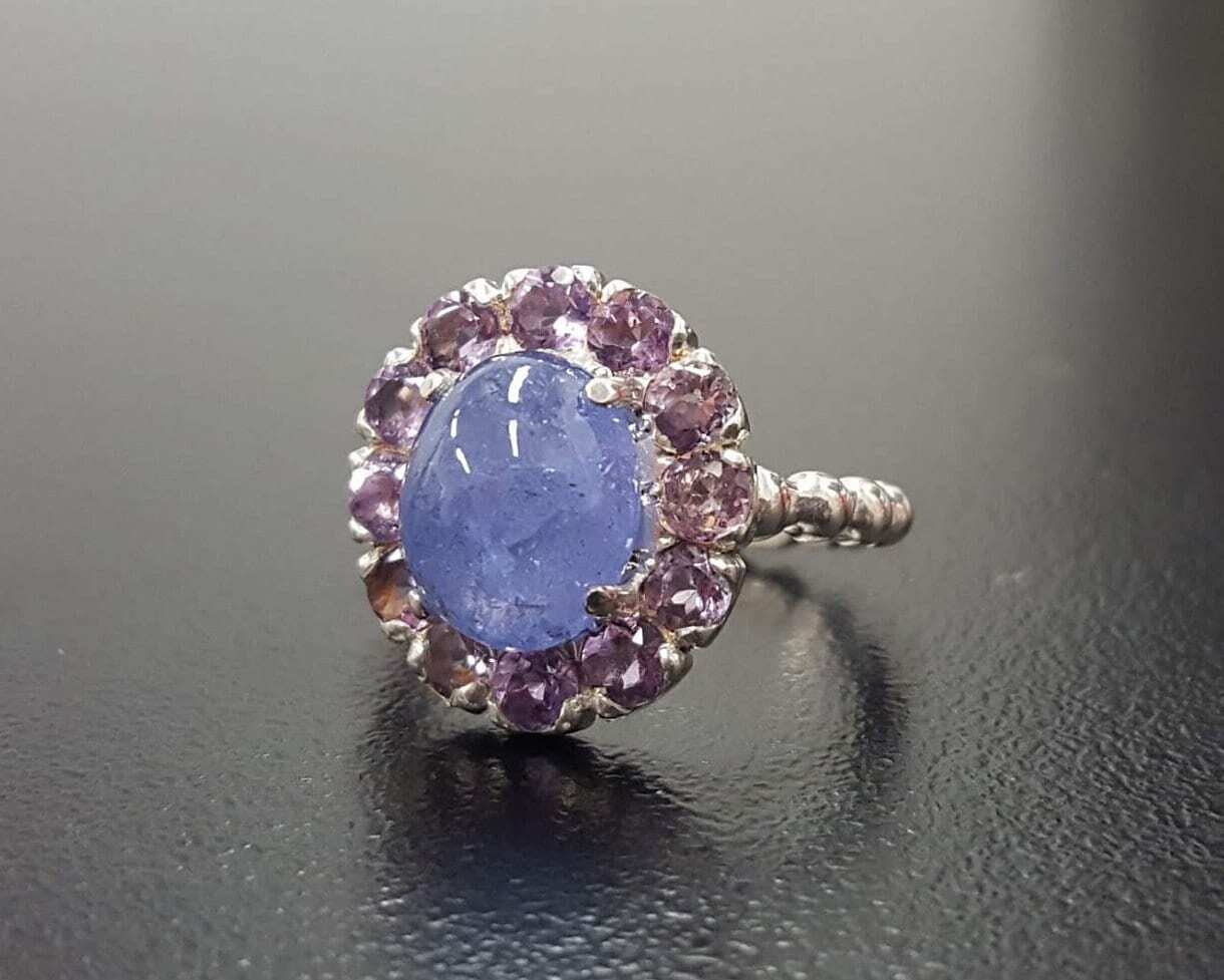 Genuine Tanzanite Ring - Blue Flower Ring - Purple Floral Ring