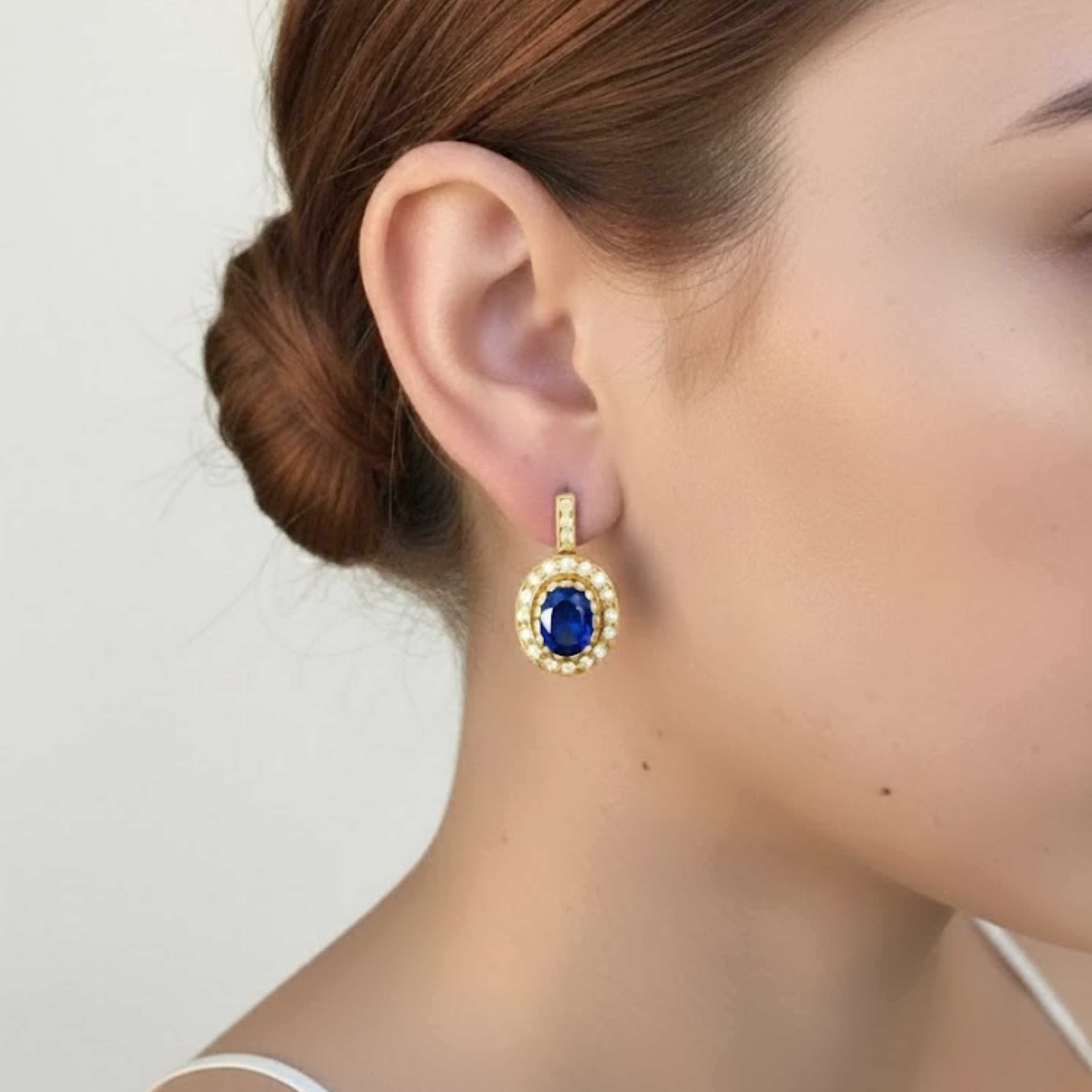 Sapphire Earrings in 18k Gold Vermeil, featuring Oval Blue Sapphire in Halo setting, perfect for September birthdays and special occasions.