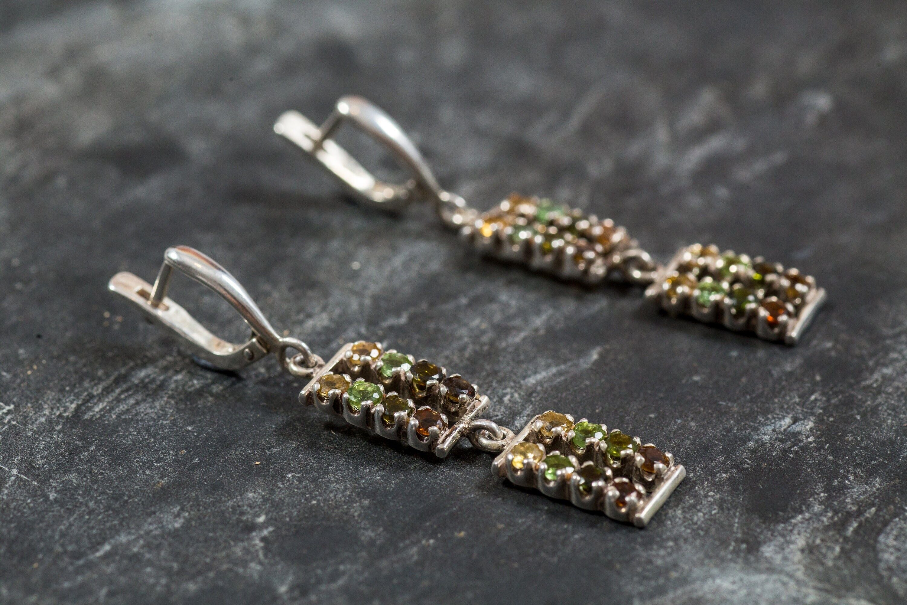 Tourmaline Earrings, Yellow Tourmaline, Green Tourmaline, Long Earrings, Vintage Earrings, October Birthstone, Silver Earrings, Tourmaline